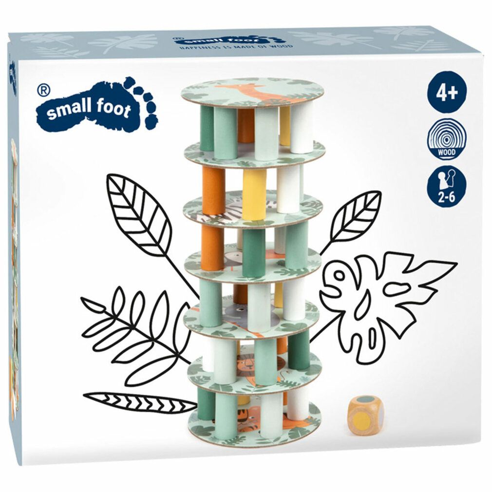 Verpackung des Wackelturms. Logo 'small foot'. Altersempfehlung 4+. Holz-Zertifizierung. Produkt mit Tier-Motiven.