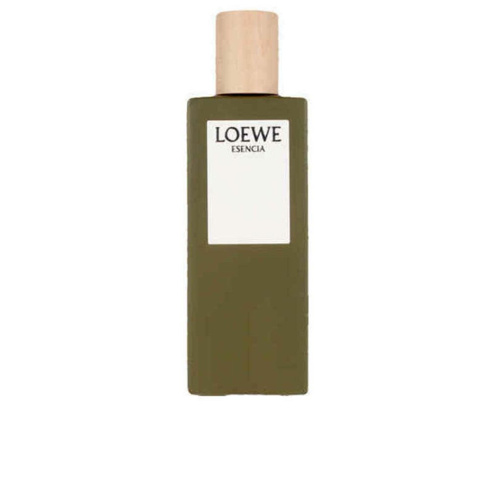 Grüne Flasche mit Holzverschluss. Auf dem Etikett steht LOEWE ESENCIA.