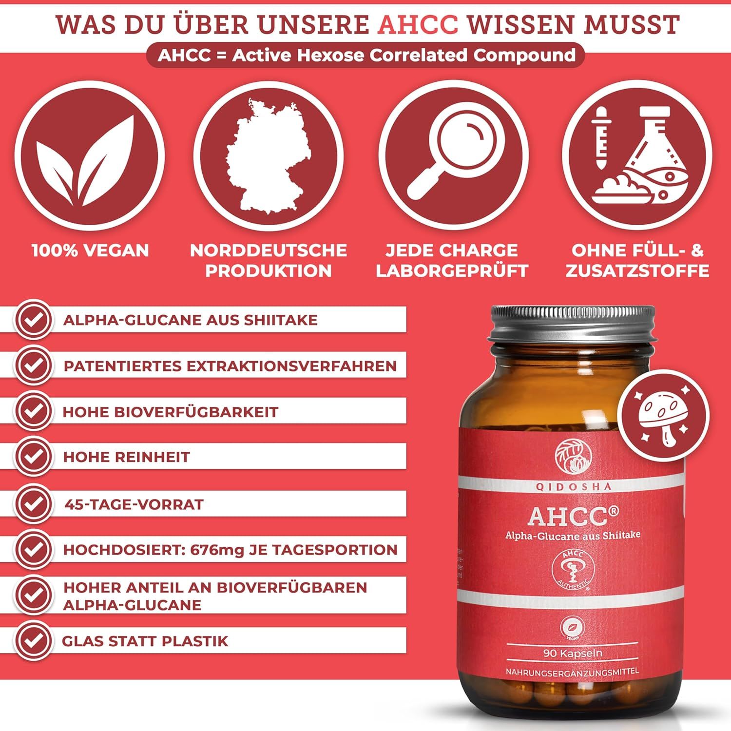 Braune Glasflasche mit Kapseln. Roter Hintergrund mit Text und Icons. Produktname: QIDOSHA AHCC® Alpha-Glucane aus Shiitake. 100% vegan, norddeutsche Produktion.