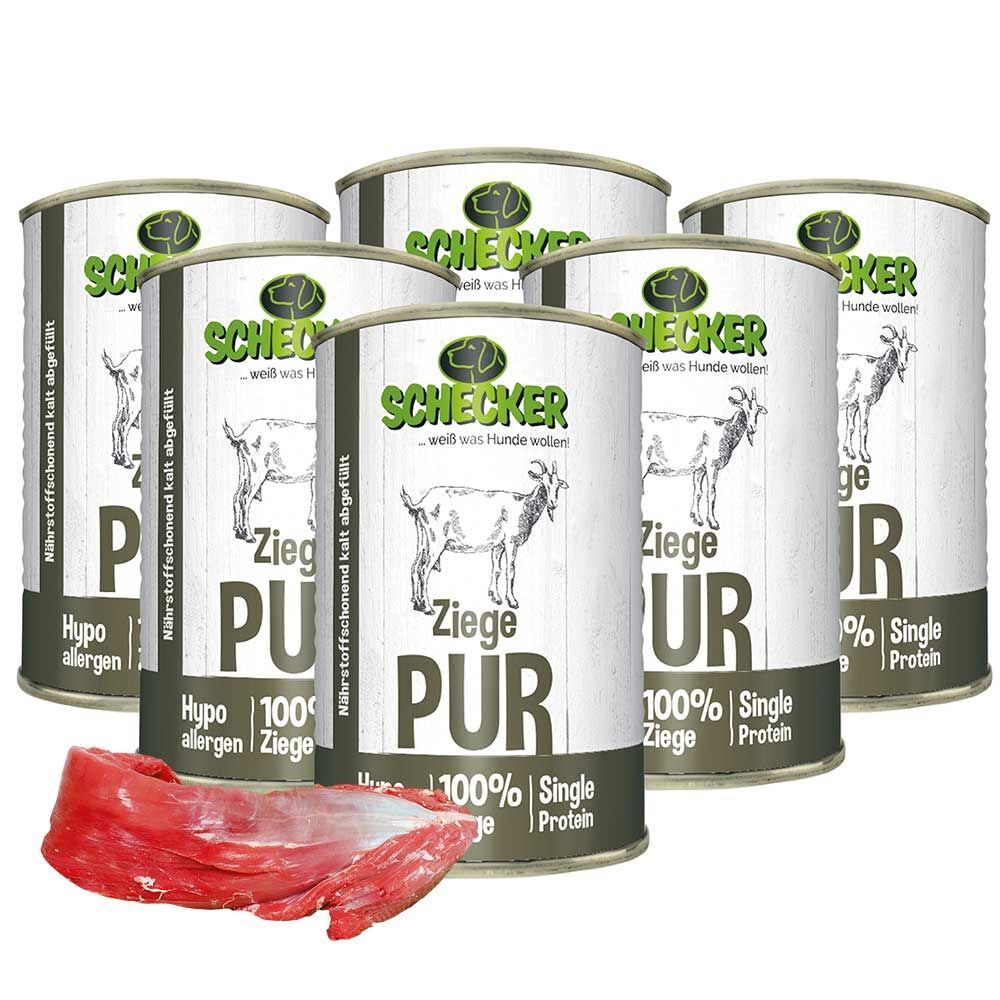 Sechs Dosen Hunde Nassfutter mit Ziege PUR. Aufschrift: Schecker, Ziege PUR, 100% Ziege, Single Protein, hypoallergen. Daneben ein Stück rohes Fleisch.