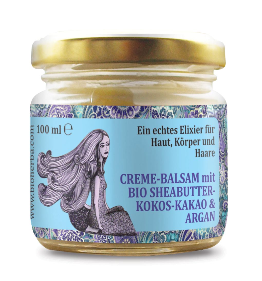 Etikett mit Text und Illustration einer Frau mit langen Haaren. Text: Creme Balsam mit Bio Sheabutter, Kokos-Kakao & Argan. 100 ml.