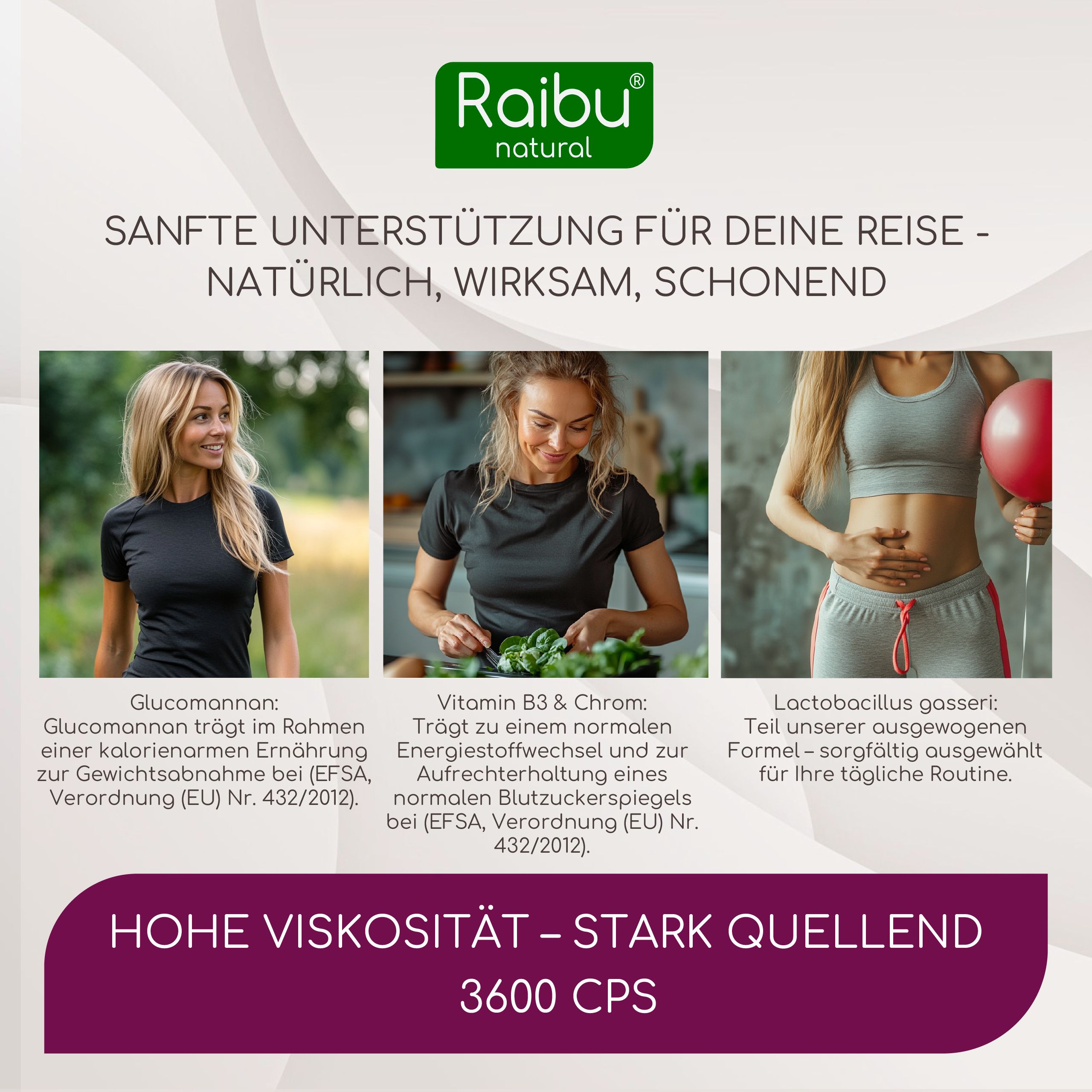 Drei Frauen, Text über Glucomannan, Vitamin B3 & Chrom, und Lactobacillus gasseri. Hohe Viskosität.
