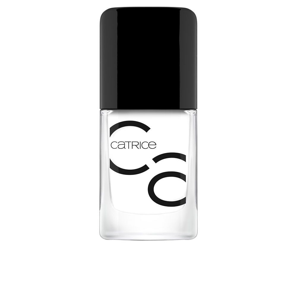 Nagellackflasche mit schwarzem Deckel. Aufschrift: Catrice. Klare Flasche mit weißem Inhalt.
