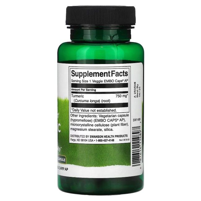 Rückseite der grünen Flasche. Enthält Nährwertangaben und Zutatenliste. Text: Turmeric 750 mg.