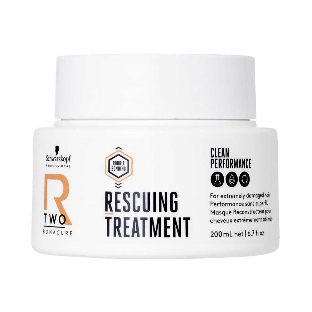 Weißes Tiegel mit Produktinformationen. Text: R-TWO Rescuing Treatment, 200 ml, Schwarzkopf Logo.