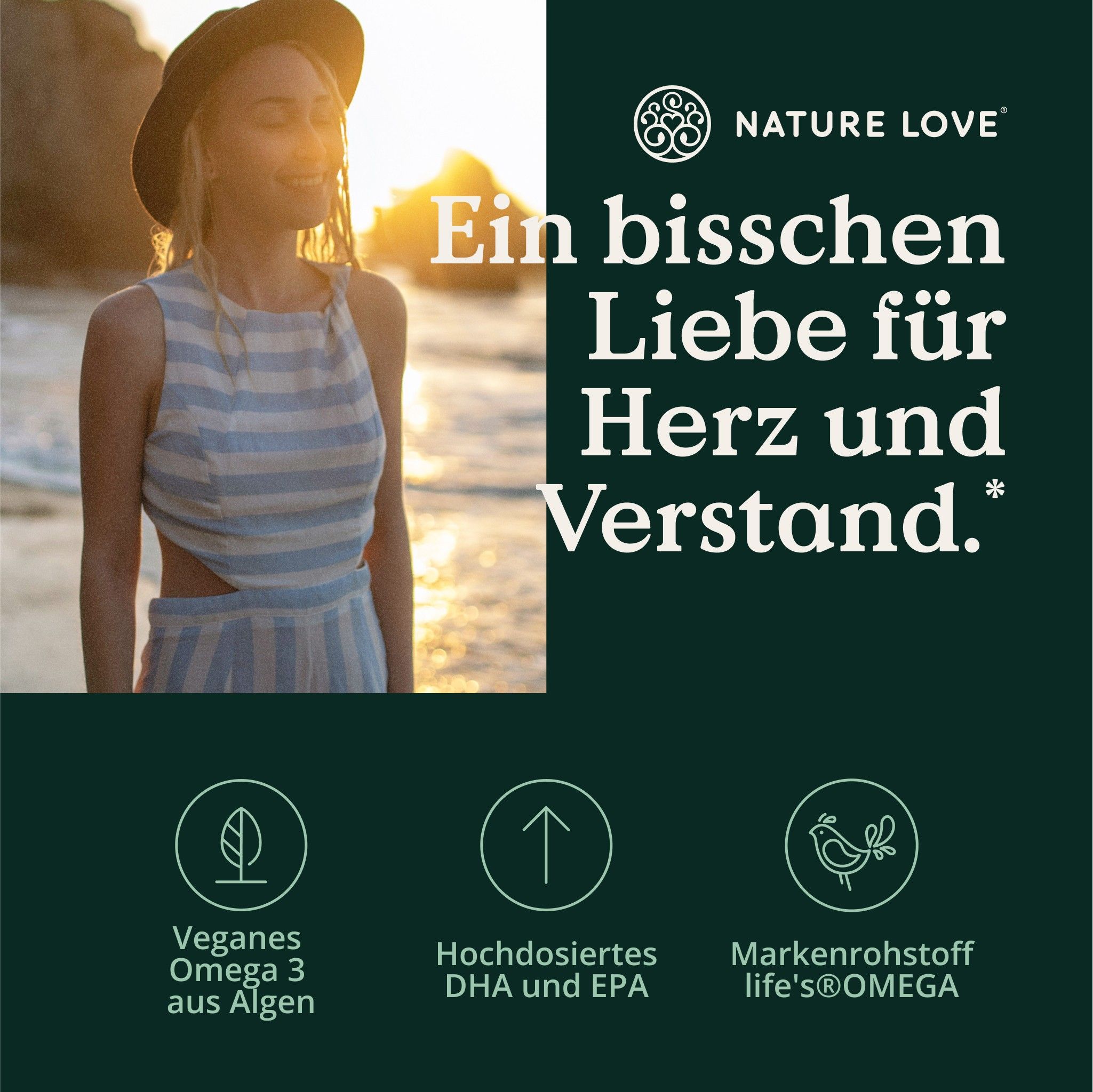 Frau am Strand. Text: Veganes Omega 3 aus Algen, hochdosiertes DHA und EPA, Markenrohstoff life's®OMEGA.