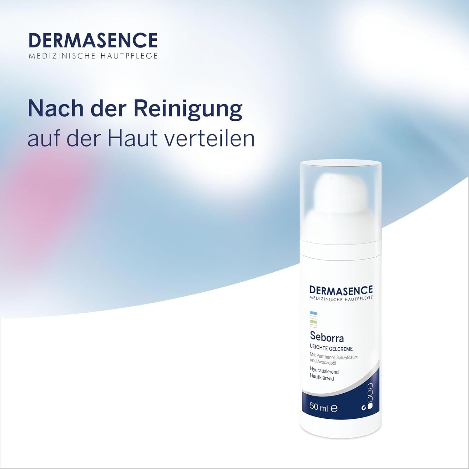 Weiße Flasche DERMASENCE Seborra Leichte Gelcreme. Text: Nach der Reinigung auf der Haut verteilen.