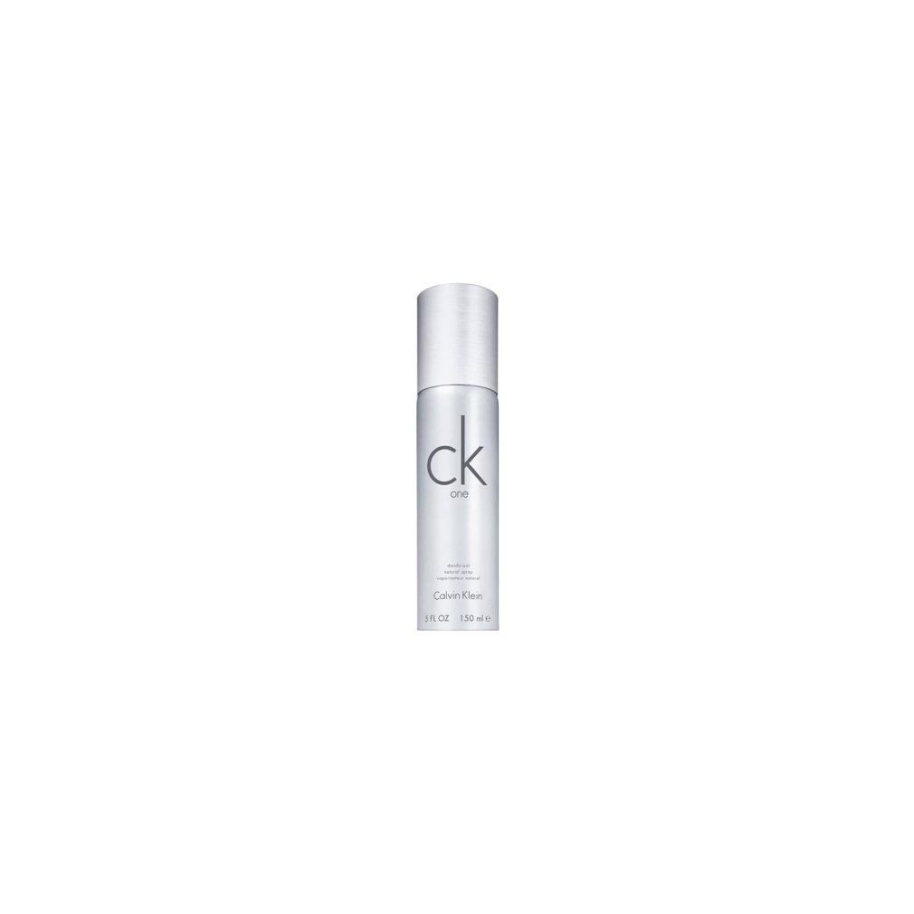 Silberne Deodorant-Sprayflasche von Calvin Klein. Mit 'ck one' und '5 FL OZ 150 ml' beschriftet.