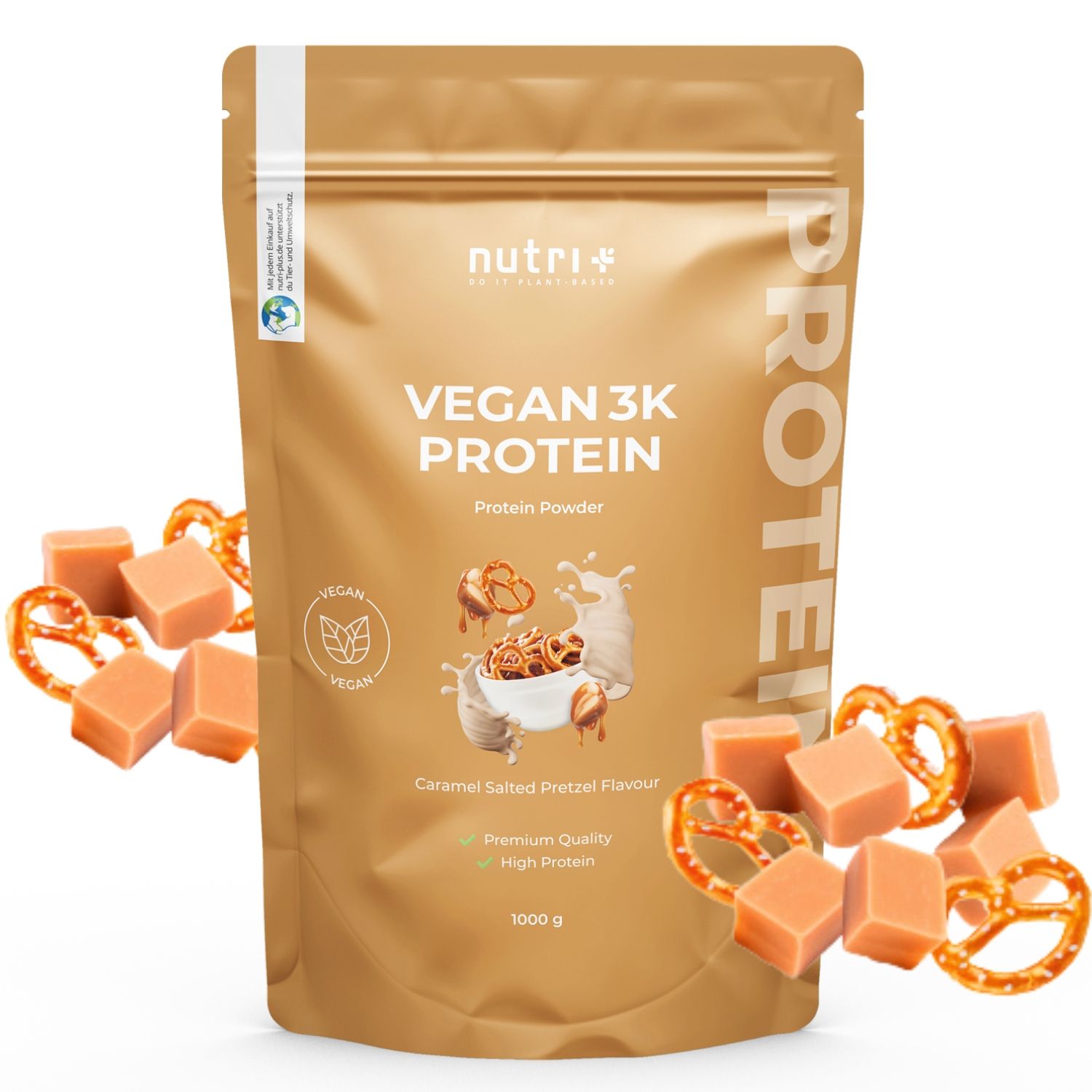 Goldene Standbodenbeutel mit nutri+ Logo, 'VEGAN 3K PROTEIN' und Karamell-Salz-Brezel-Geschmack. 1000g.