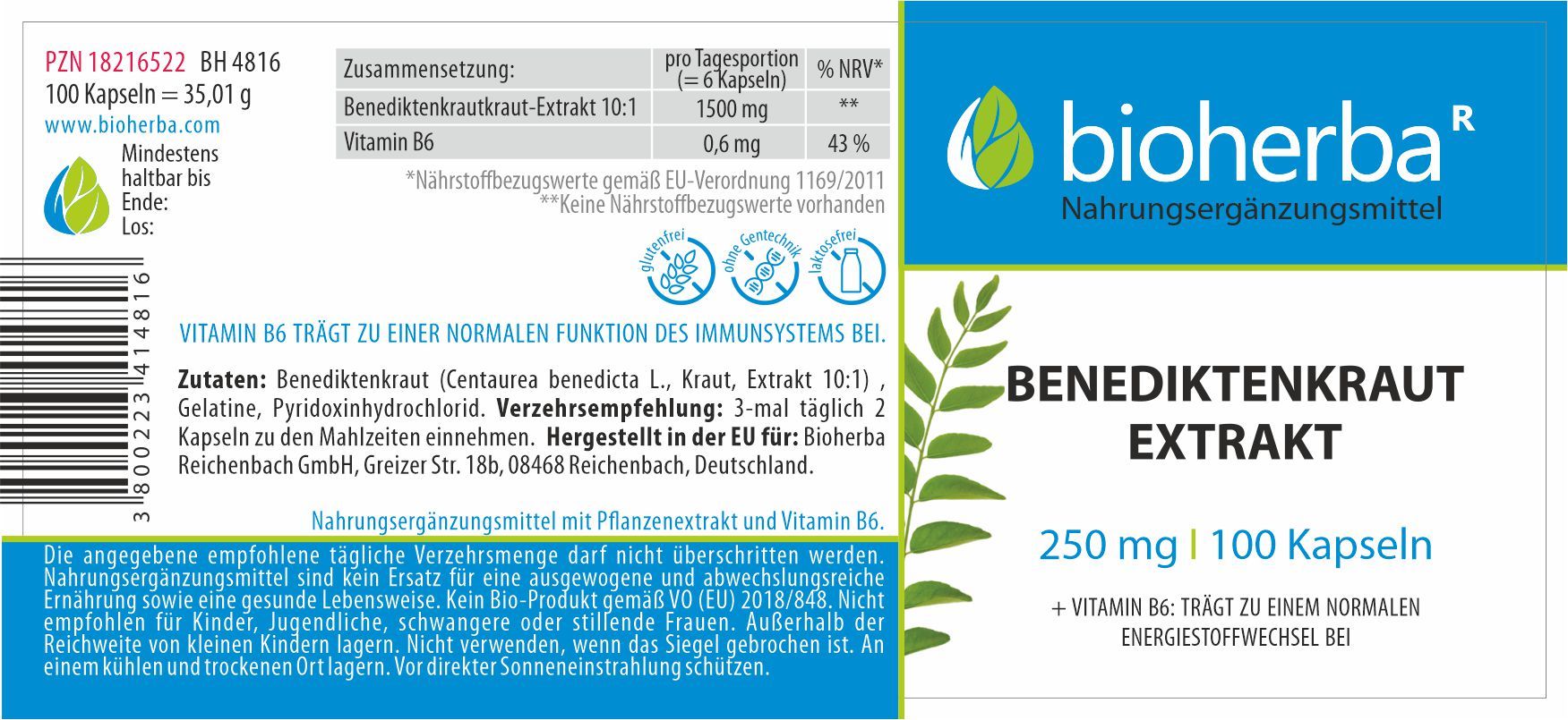 Benediktenkraut Extrakt 250 mg 100 Kapseln PZN 18216522