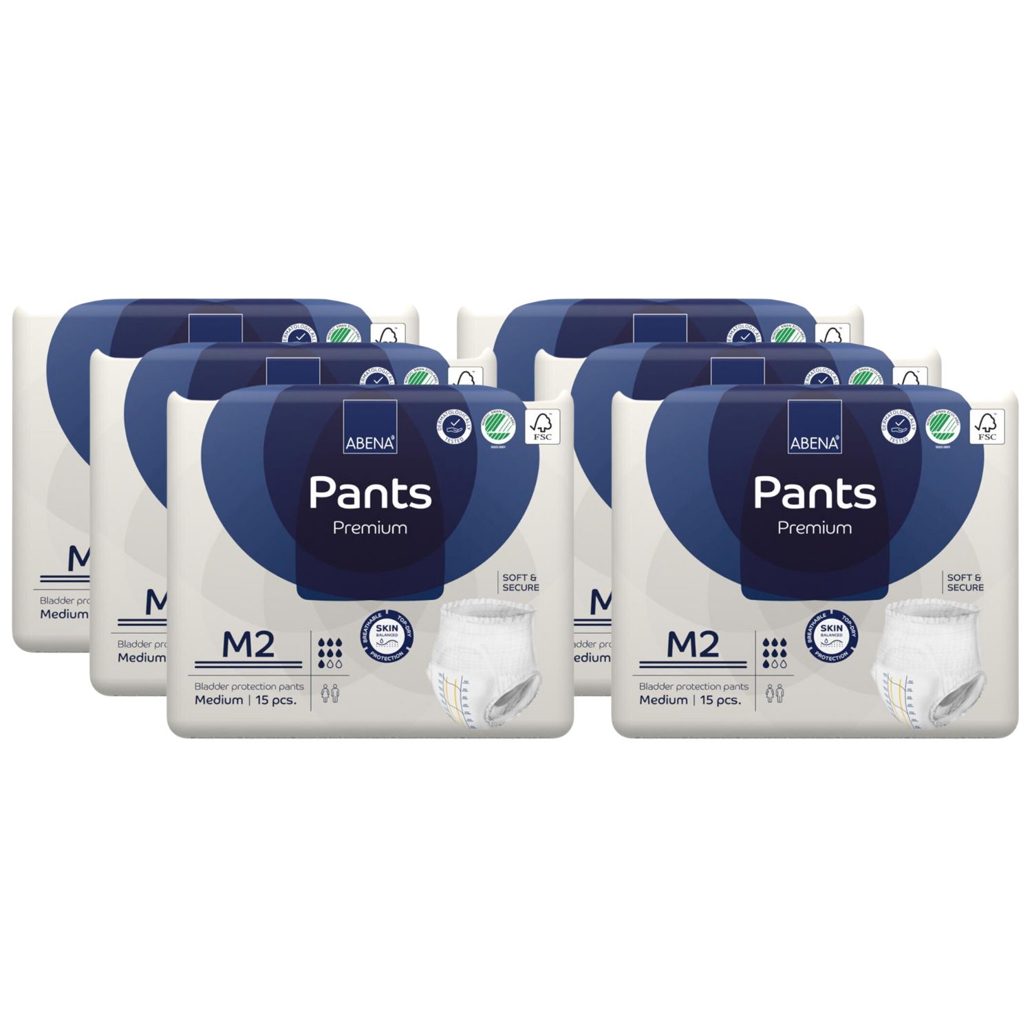 Mehrere Packungen Abena Pants Premium, M2. Blaue Verpackung mit Produktabbildung. 15 Stück. Hautschutz.