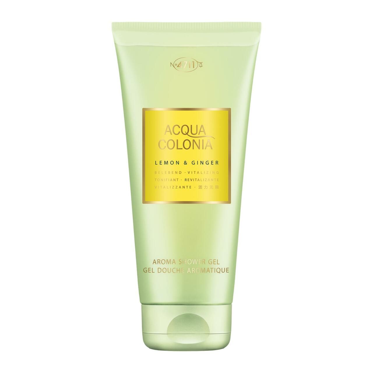 Grüne Tube mit gelbem Etikett. Text: Acqua Colonia Lemon & Ginger, Aroma Shower Gel.