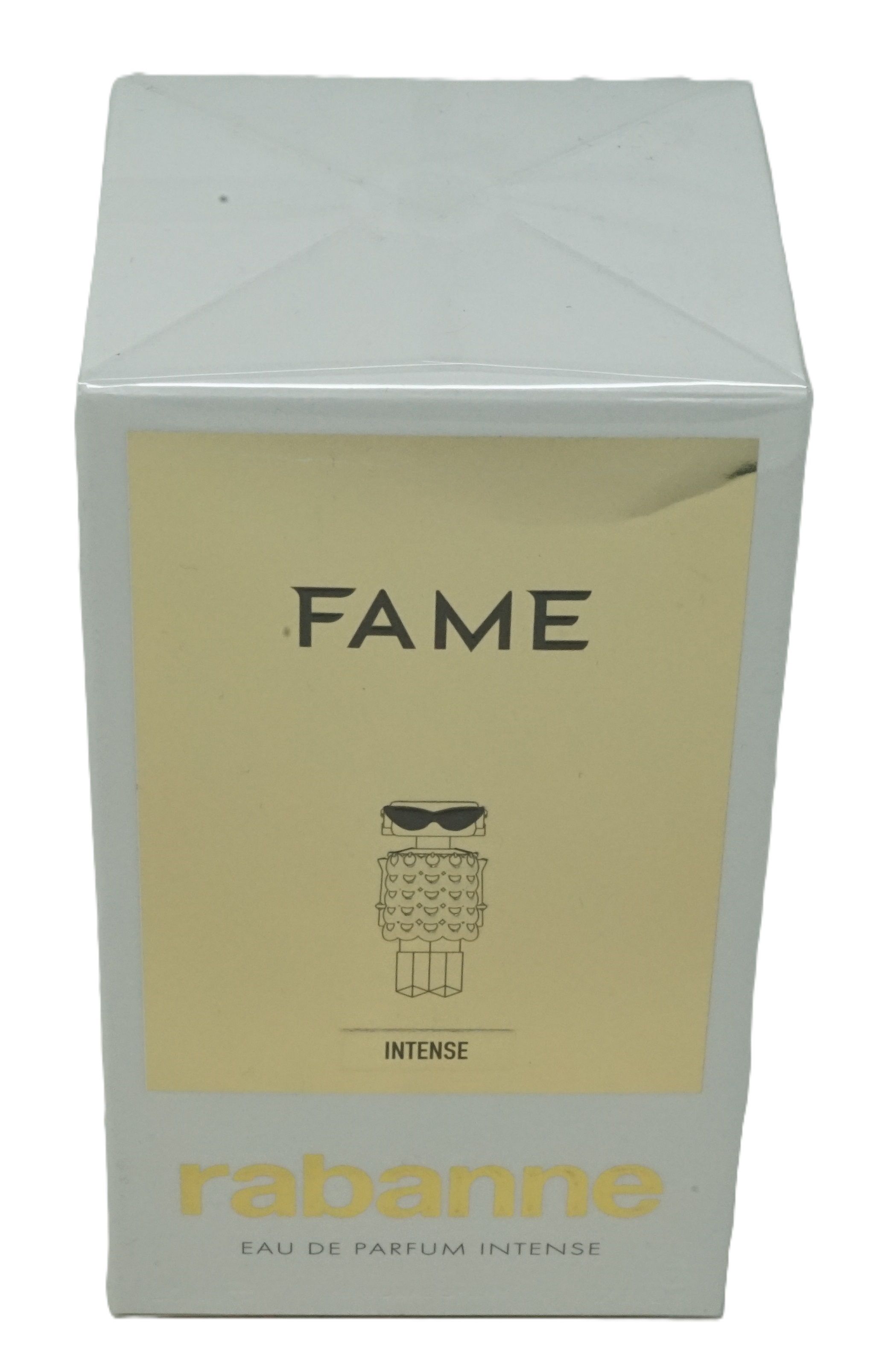 Weiße Verpackung mit gelbem Feld. Aufschrift FAME und Logo. Unten steht rabanne und Eau de Parfum Intense.