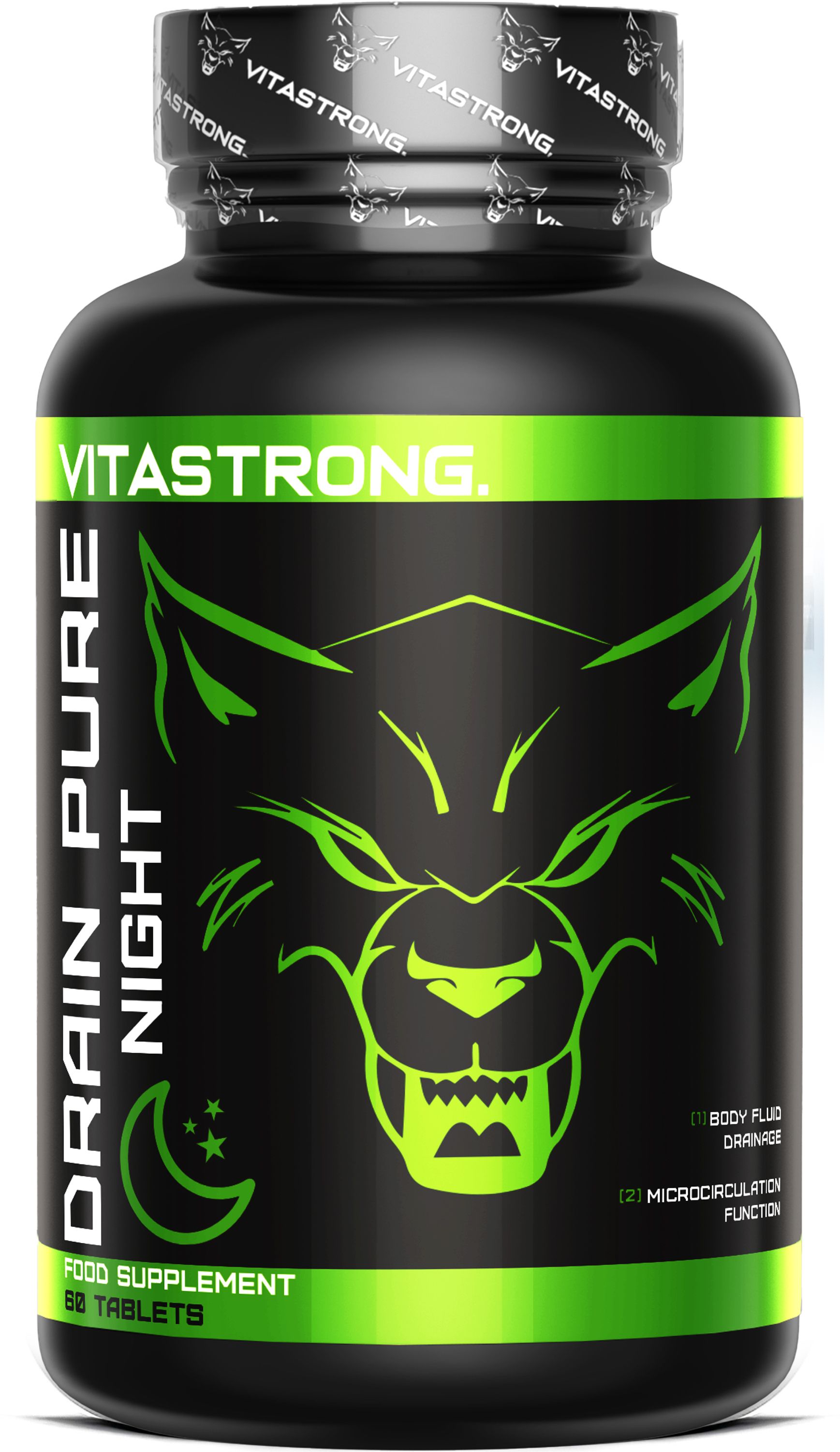 Vitastrong Drainpure Night Flasche mit Wolfskopf-Design und grünen Akzenten.