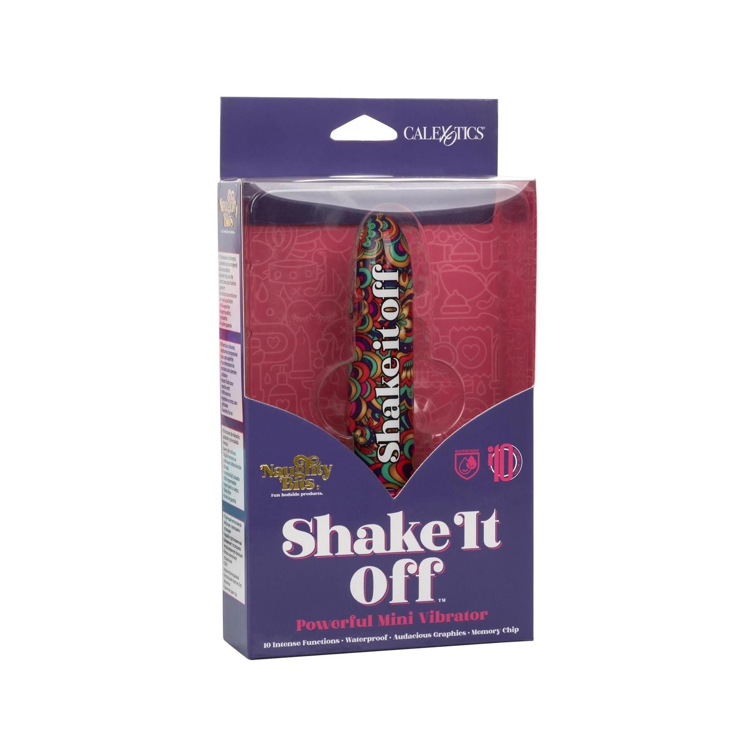Mini-Vibrator in Verpackung. Aufschrift "Shake It Off". Lila, buntes Muster. Marke CalExotics.