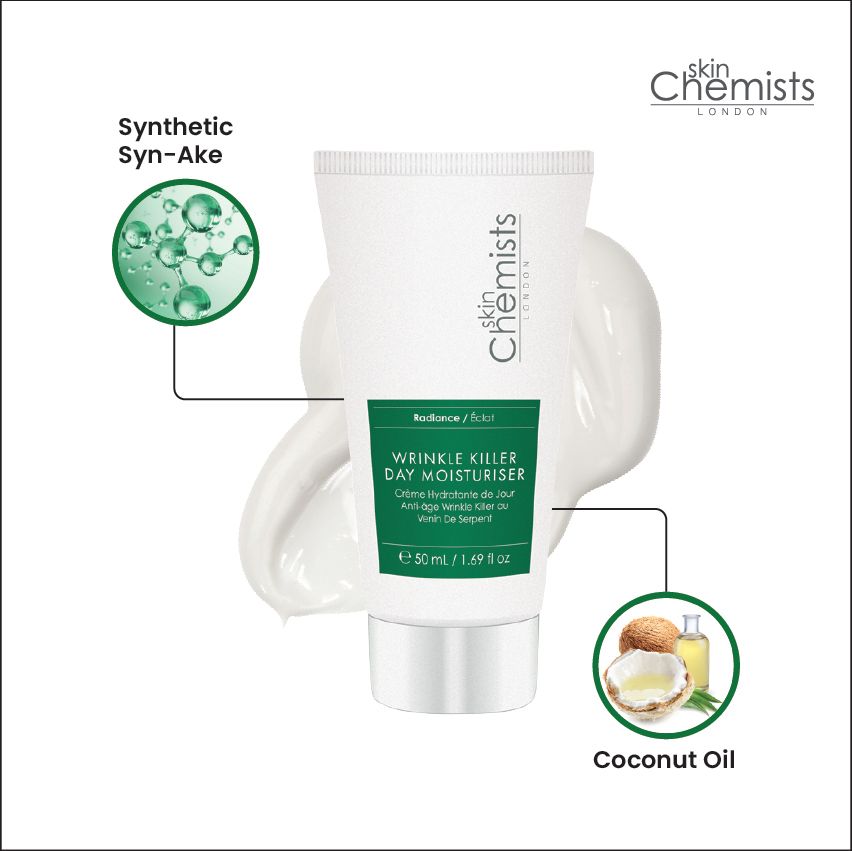 Weiße Tube mit Produkt. Aufschrift: Wrinkle Killer Day Moisturiser. Mit Abbildungen von Kokosöl und Synthetic Syn-Ake. Marke: skinChemists.