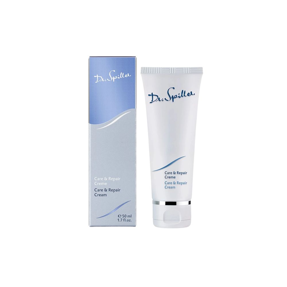 Weiße Tube und Schachtel mit Produktnamen und Logo. Aufschrift: Care & Repair Creme. 50 ml.