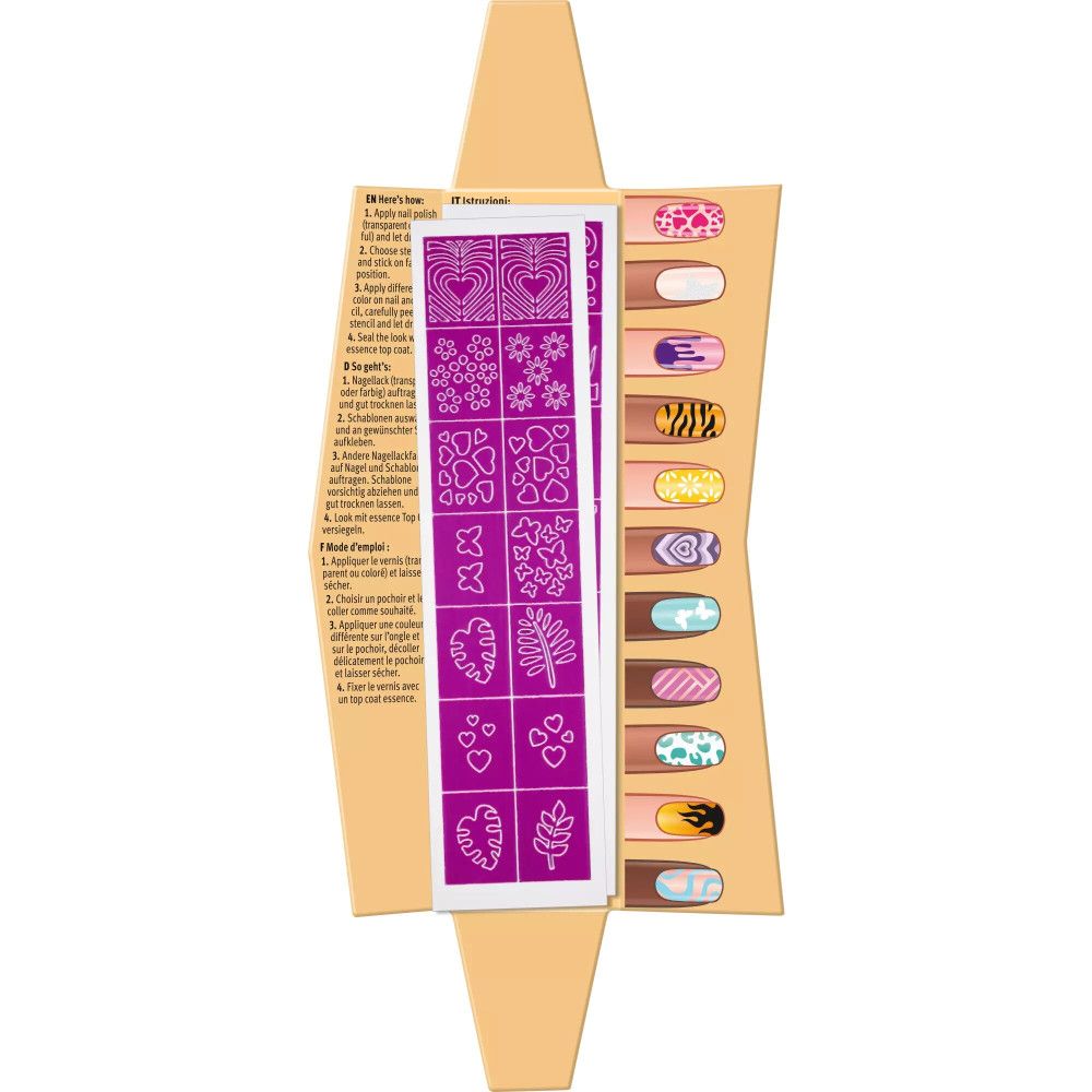 Geöffnete Essence Nagelkunst Schablonen-Verpackung. Schablonen und bemalte Fingernägel sichtbar. Produktname und Designbeispiele.