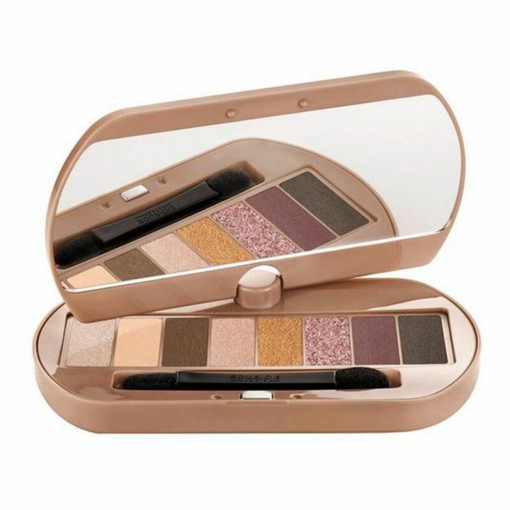 Lidschatten-Palette mit Spiegel und Applikator. Acht Farbtöne in Nude-Tönen. Geöffnet, mit Deckel und Spiegel.