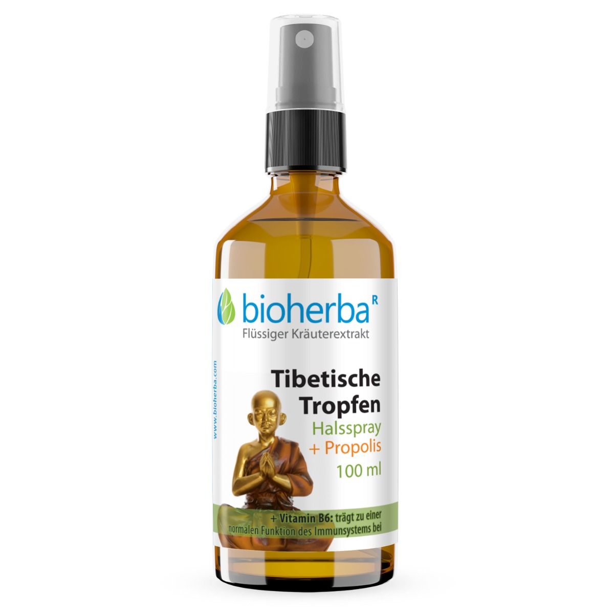 Braune Glasflasche mit Sprühkopf. Etikett mit Produktnamen und Logo. "Bioherba" und "Tibetische Tropfen".