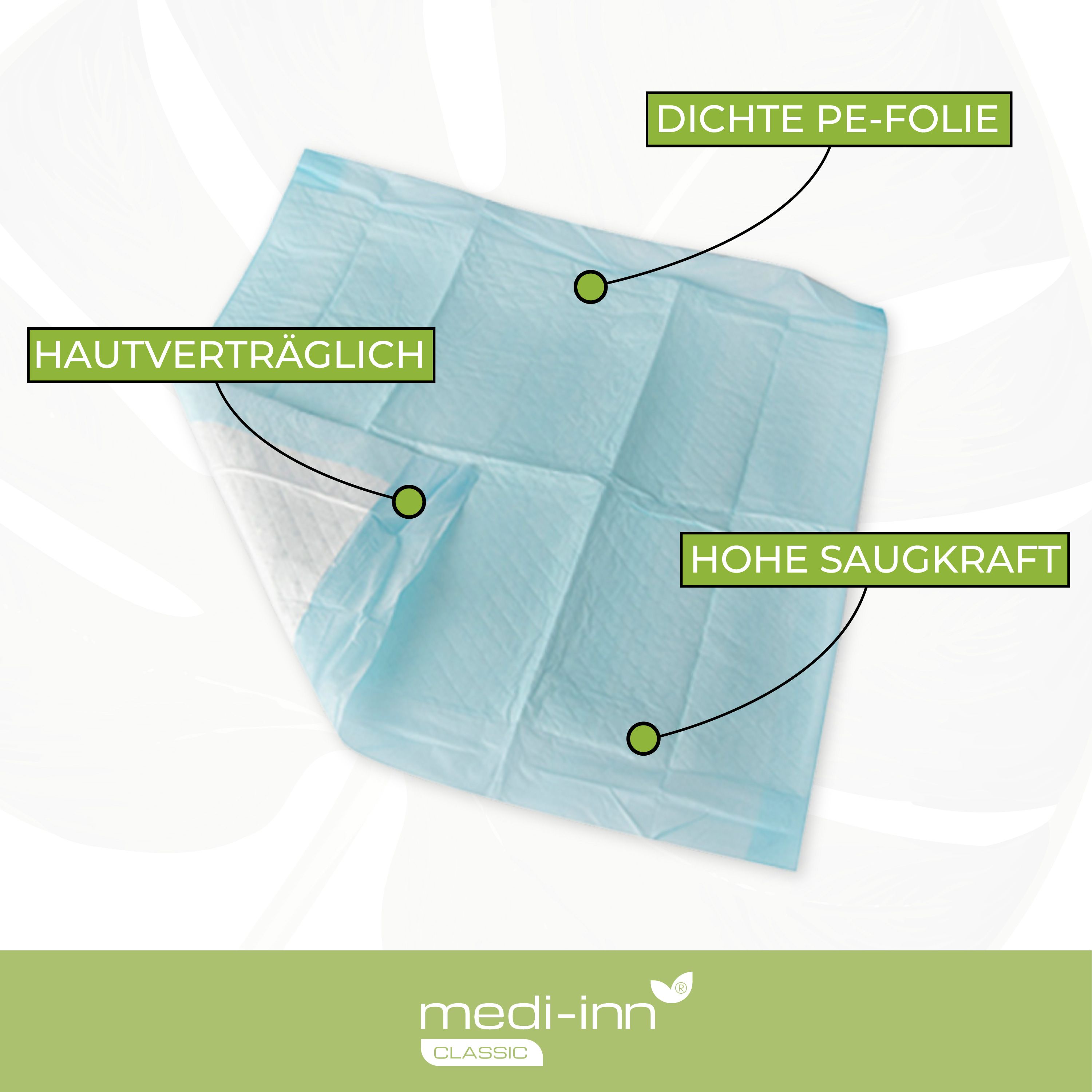Blaue Krankenunterlage mit Texten: 'Hautverträglich', 'Dichte PE-Folie', 'Hohe Saugkraft'. Logo 'medi-inn'.