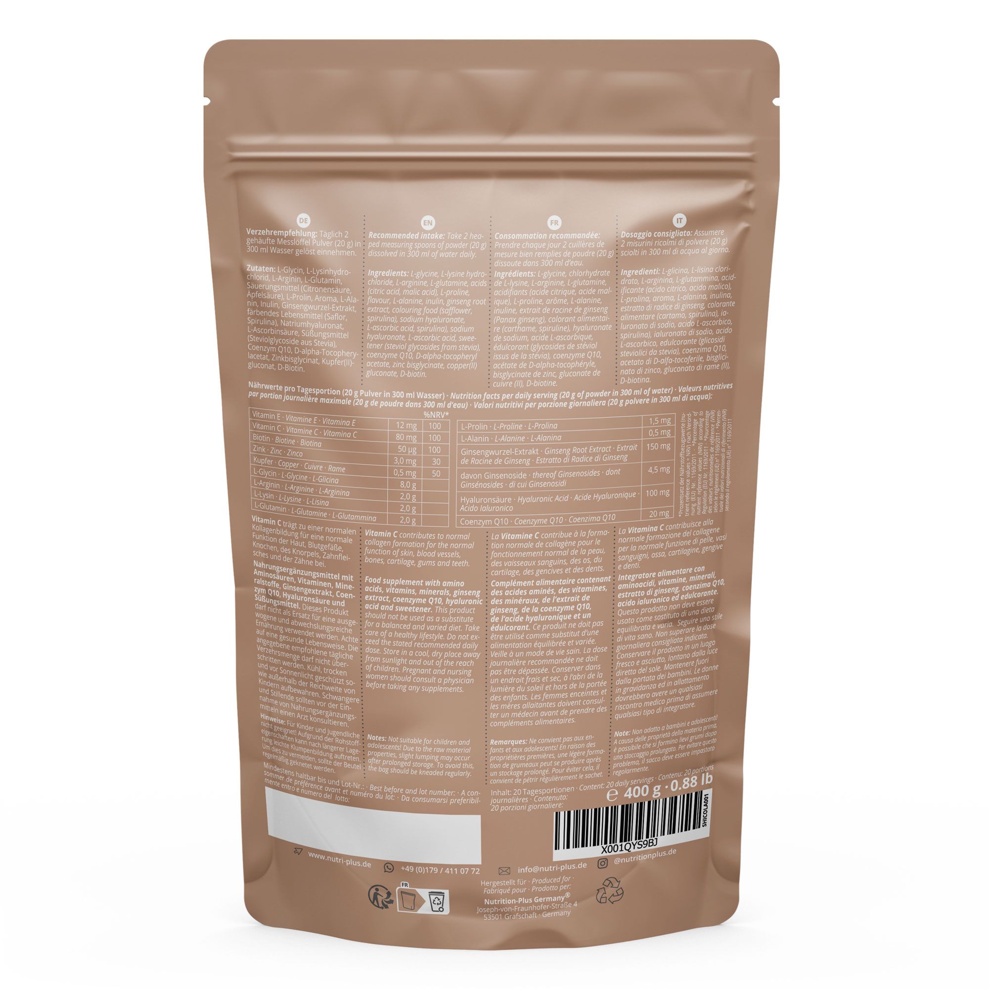 Achterkant van een bruine verpakking. Tekst met voedingswaarde en ingrediënten. Onderaan: 400 g, recycling symbool en barcode.