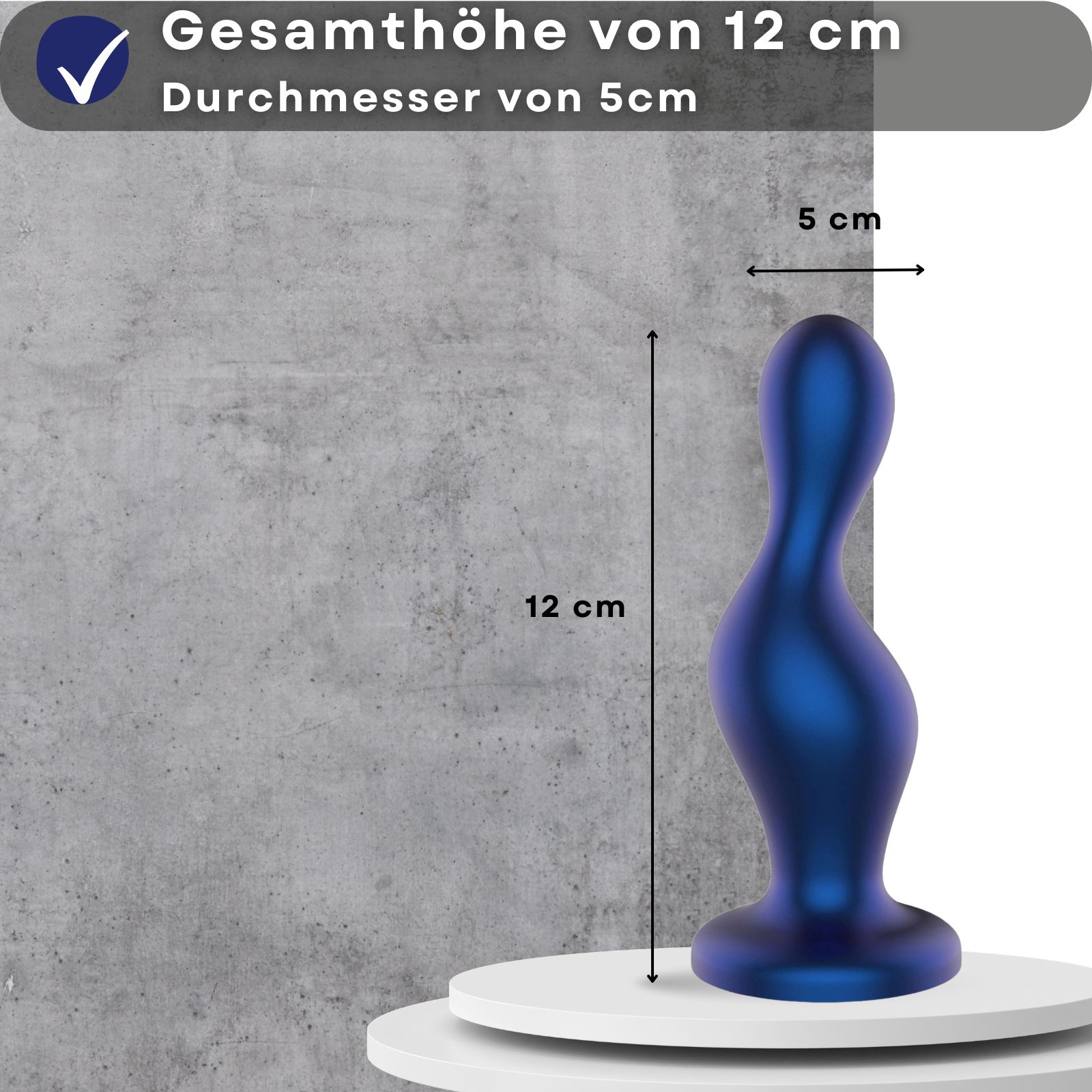 Blauer Analplug, 12 cm hoch, 5 cm Durchmesser.