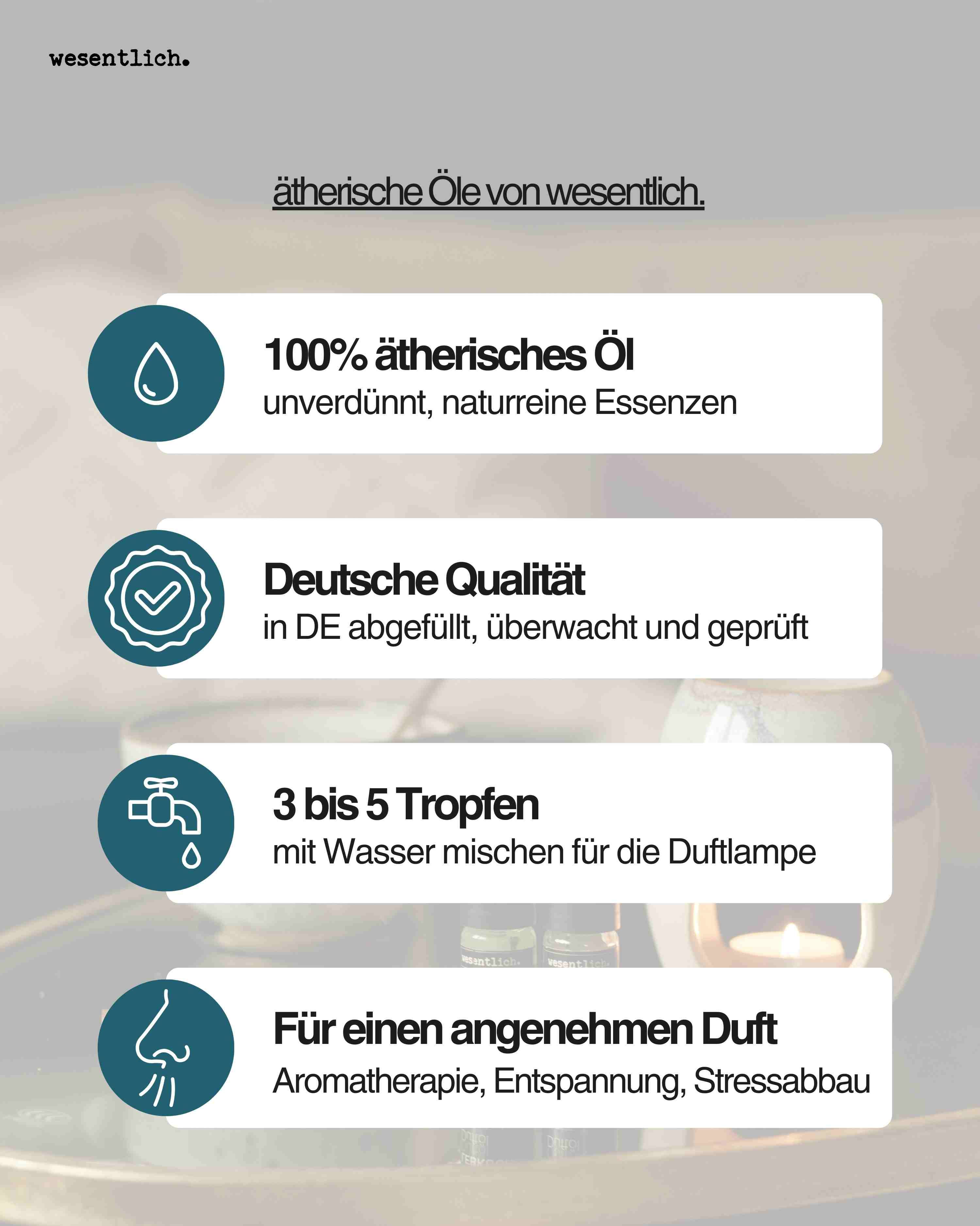 100% ätherisches Öl, deutsche Qualität, 3-5 Tropfen für Duftlampe, für angenehmen Duft.