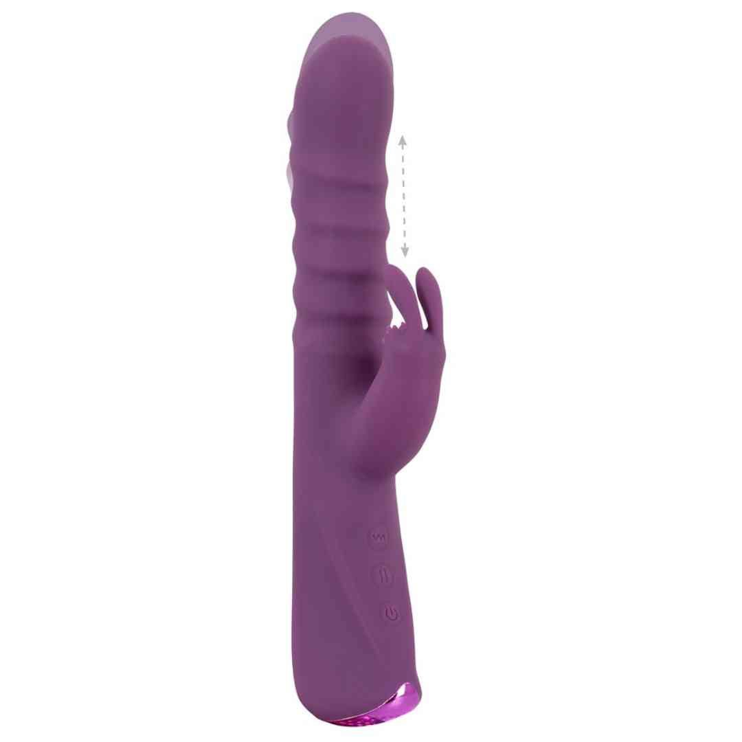 Lila Stoßvibrator, seitliche Ansicht. Geriffelte Oberfläche, Hasenohren-Aufsatz. Bedienknöpfe und abgerundete Spitze.