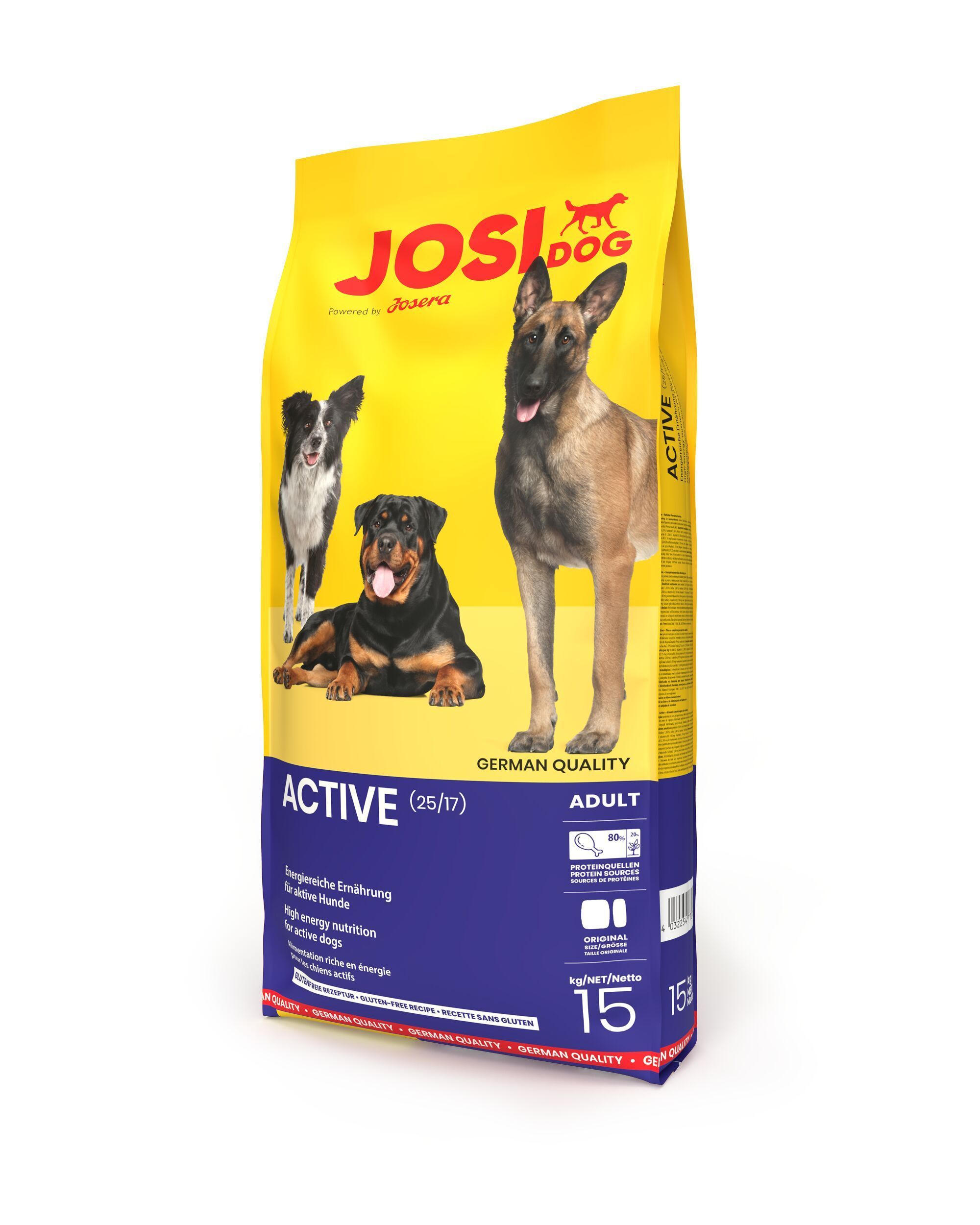 JosiDog Active Hundefutter-Sack, 15 kg. Gelbe Verpackung mit Hundebildern und Produktinformationen.