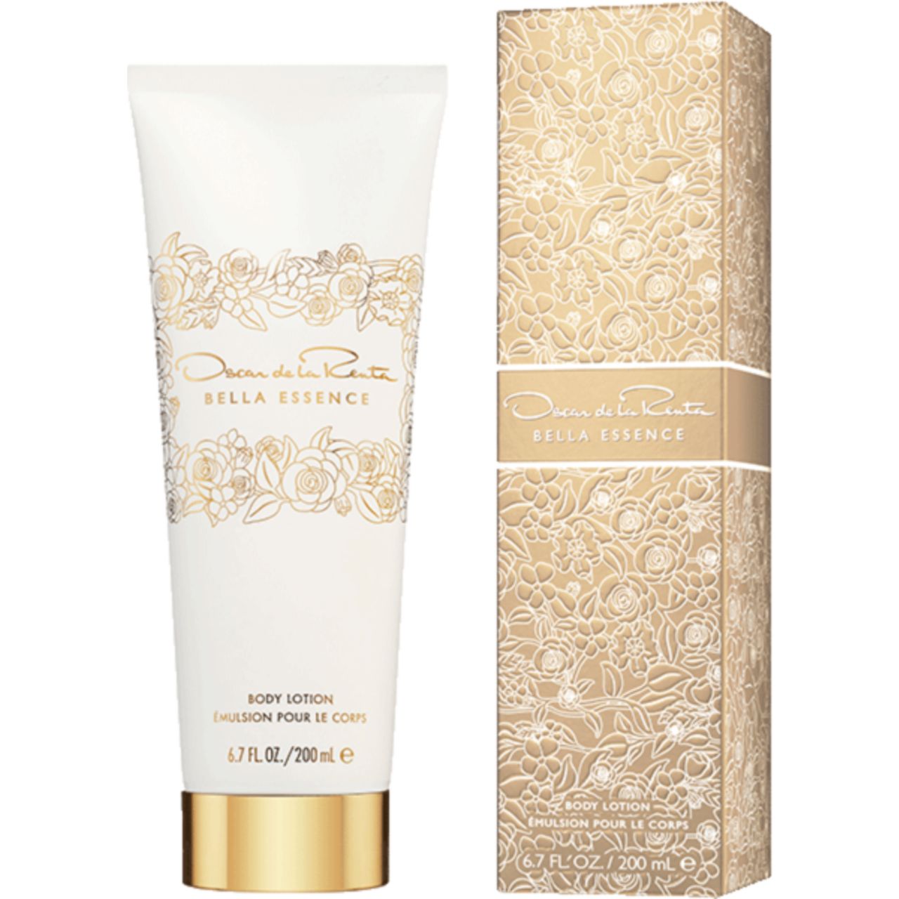Weiße Tube und Schachtel. Aufschrift: Oscar de la Renta Bella Essence Body Lotion. Floral-Dekor. Volumenangabe. Schachtel mit gleichem Design.