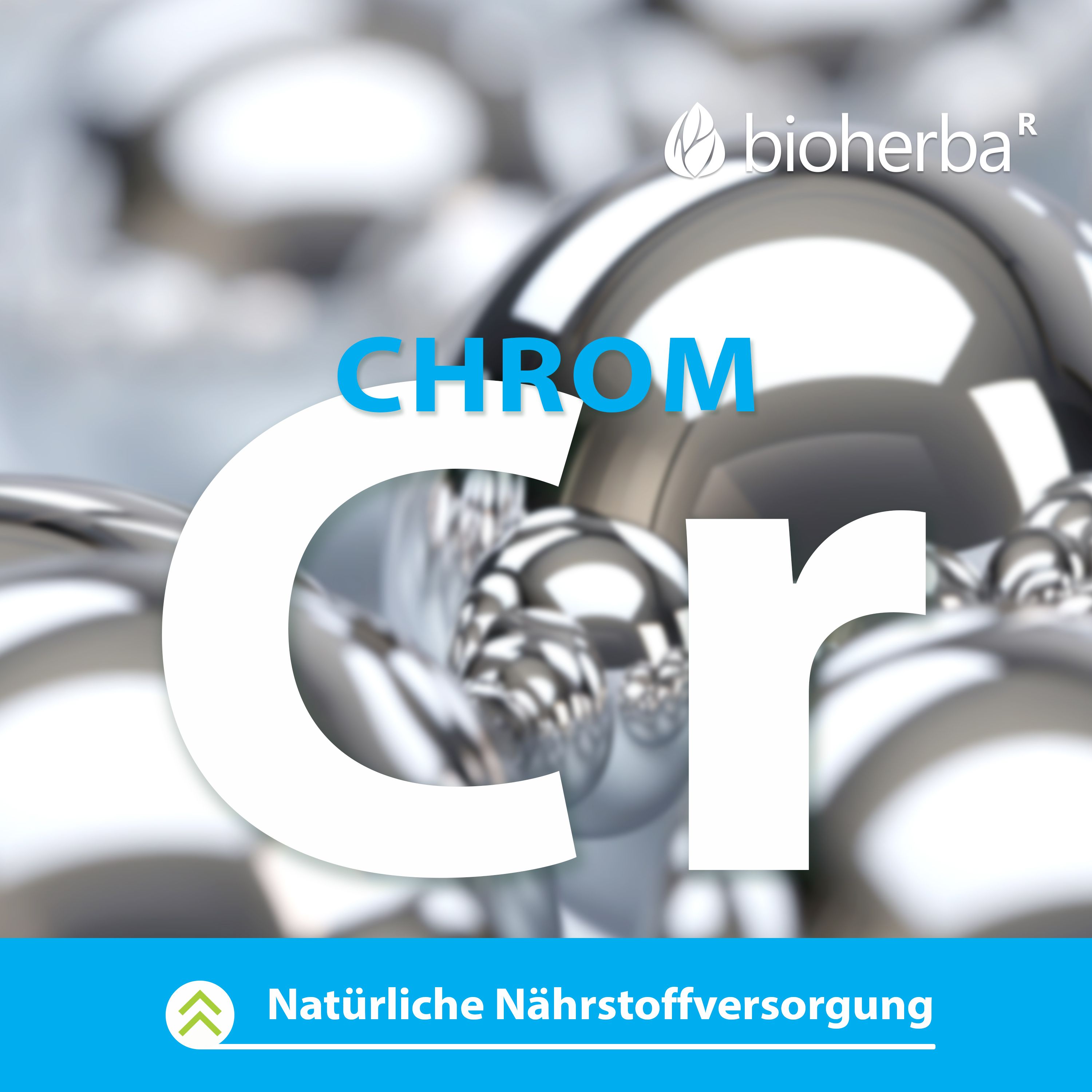 Chrom-Buchstabe auf silbernen Kugeln. Text: "Natürliche Nährstoffversorgung".