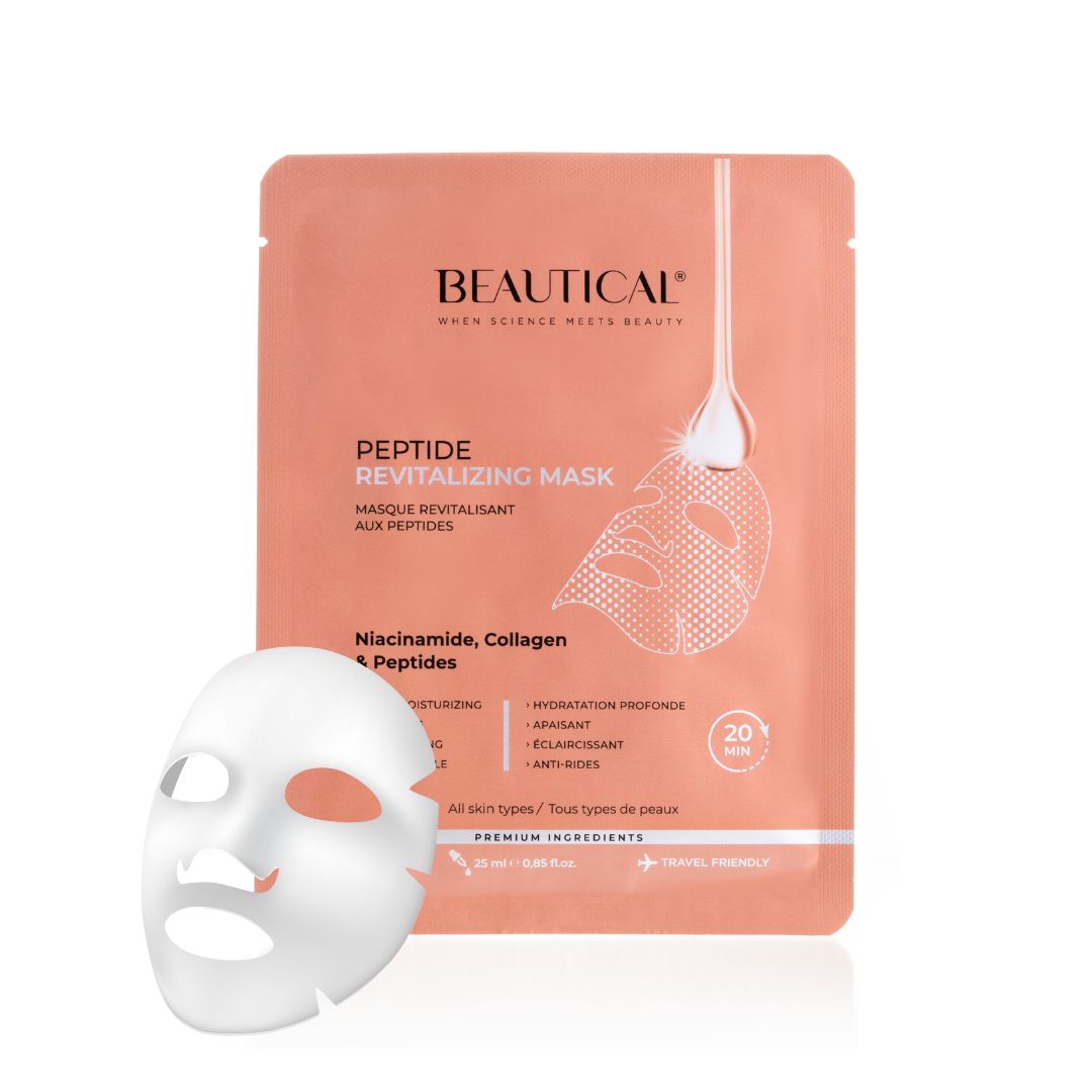 Beautical Peptid-Revitalisierungsmaske. Rosa Verpackung mit Maske. Text: Peptid Revitalisierungsmaske, Niacinamid, Kollagen & Peptide.