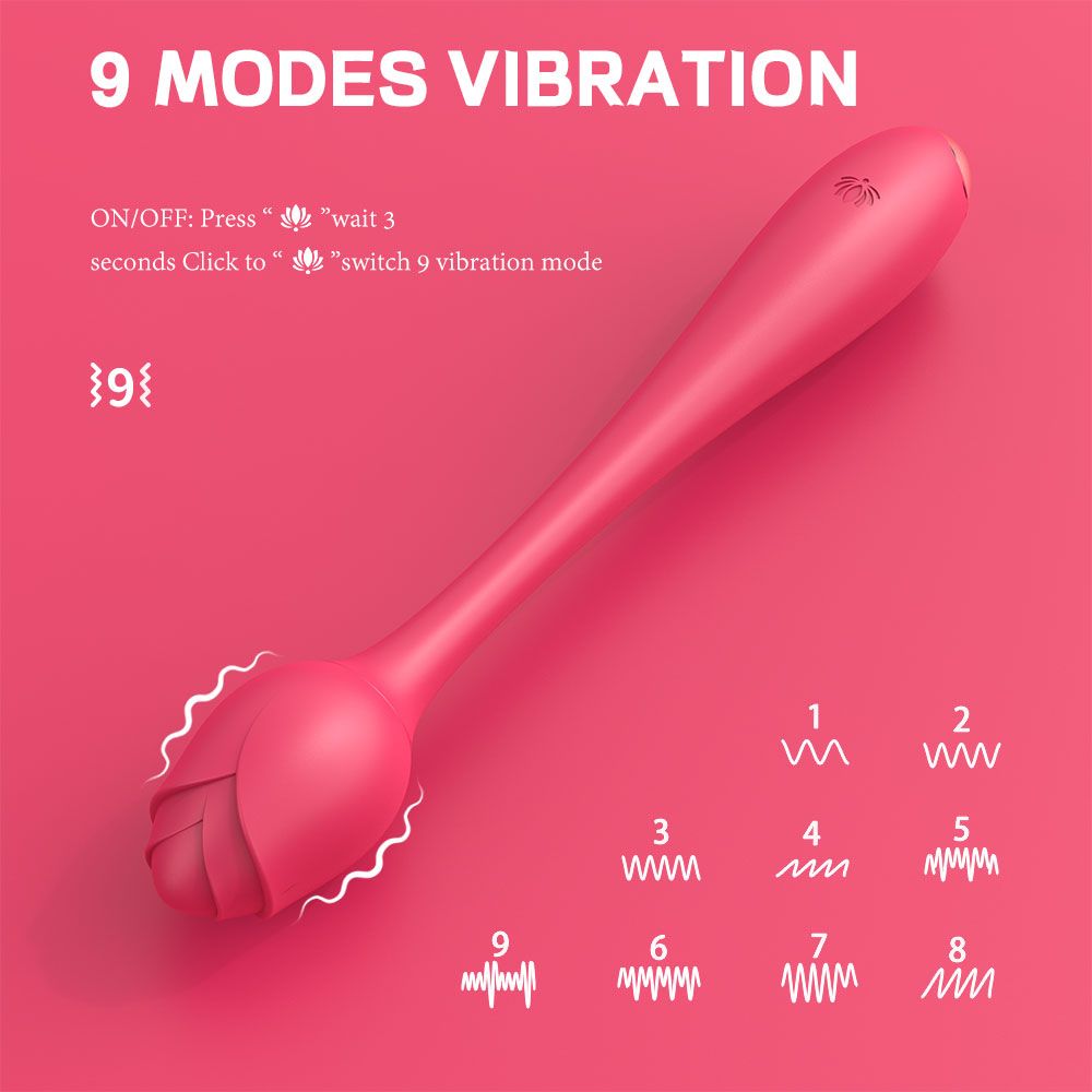 Rosa Vibrator in Tulpenform. 9 Vibrationsmodi. Text: 9 MODES VIBRATION. Bedienungsanleitung. Wellenmuster-Symbole für Modi.