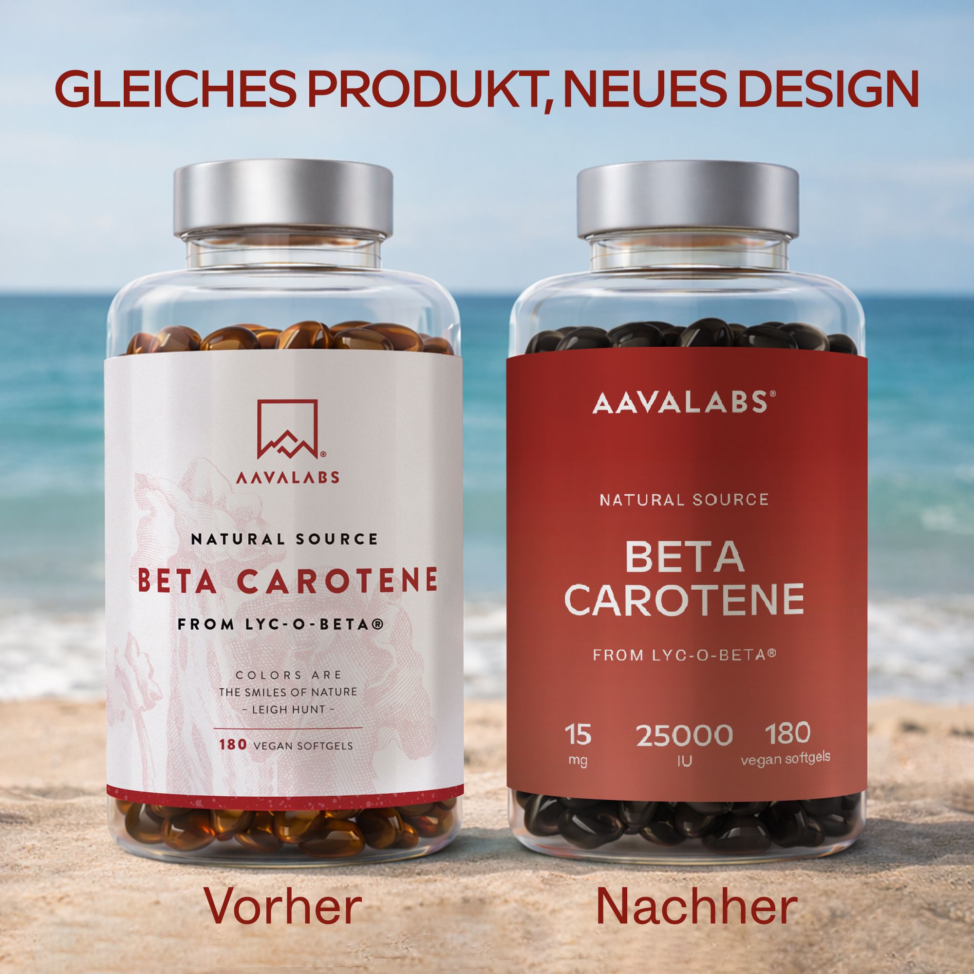 Collage: Menschen, Sonne, Meer. Beta Carotene für Haut, Augen, Immunsystem.