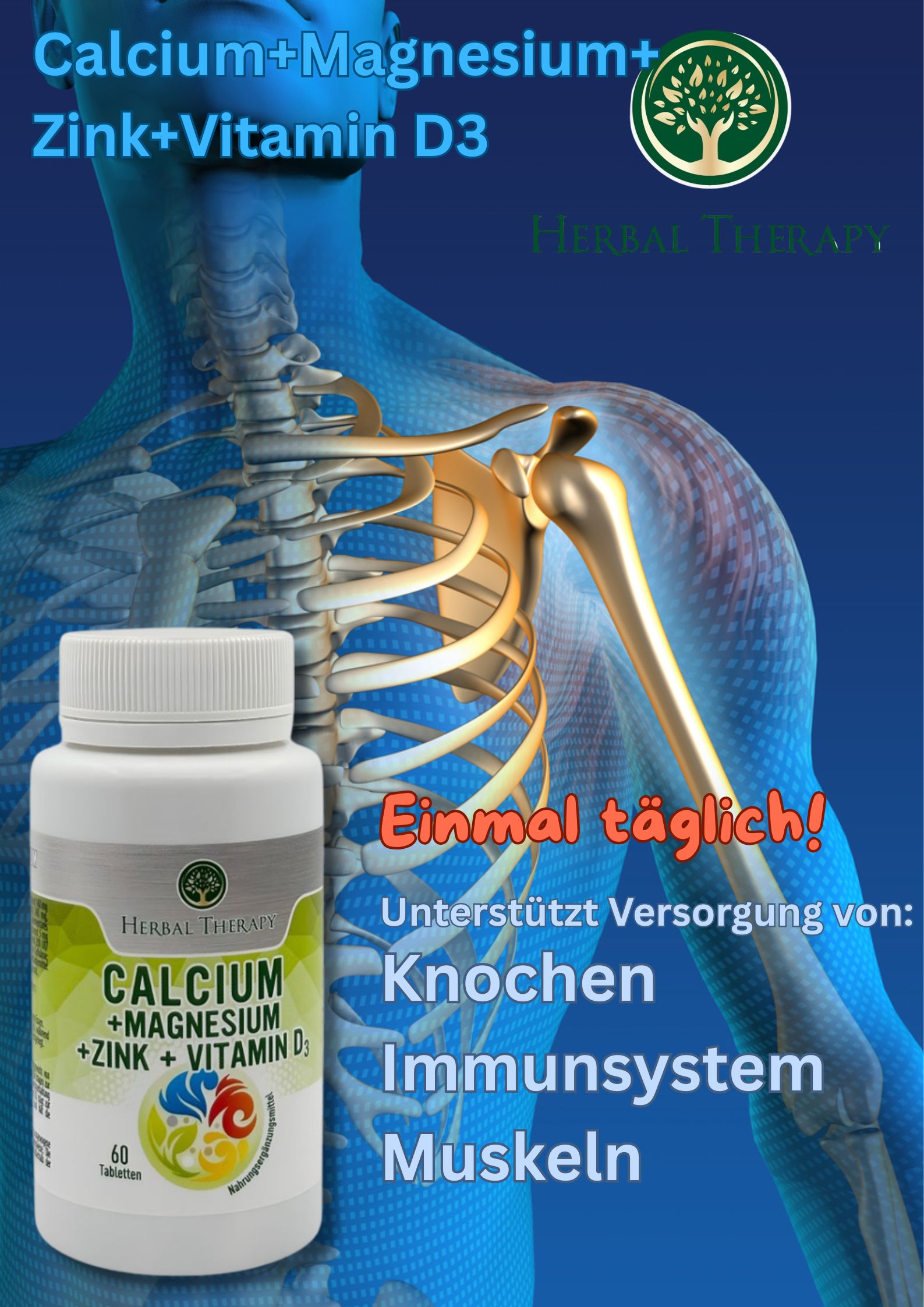 Werbebild. Skelett mit Flasche. Aufschrift: Calcium + Magnesium + Zink + Vitamin D3. Logo: Baum in Kreis. Text: Einmal täglich! Unterstützt Knochen, Immunsystem, Muskeln.