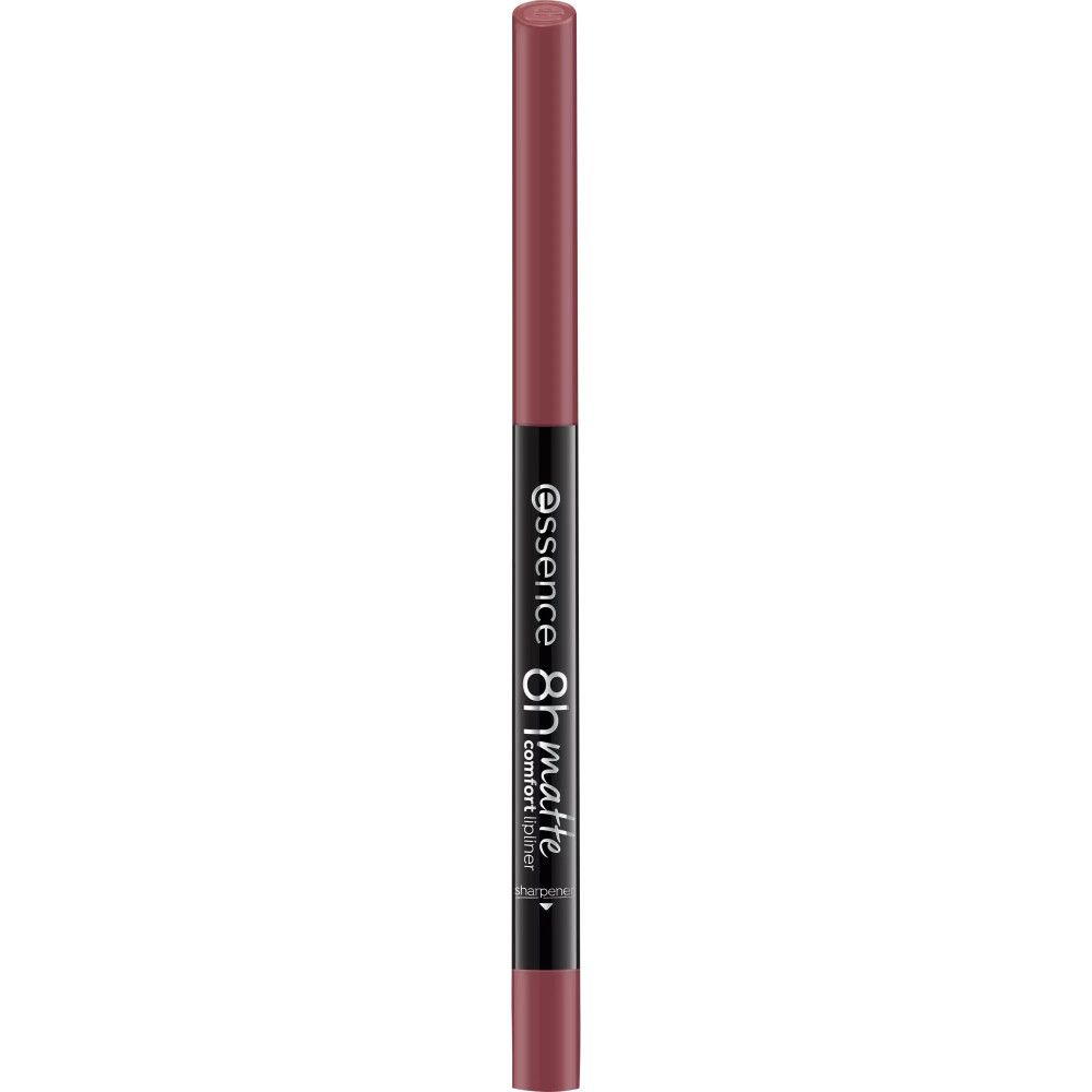 Lippenstiftstift mit schwarzem Schaft und rosafarbenem Stift. Aufschrift: essence 8h matte comfort lip liner.