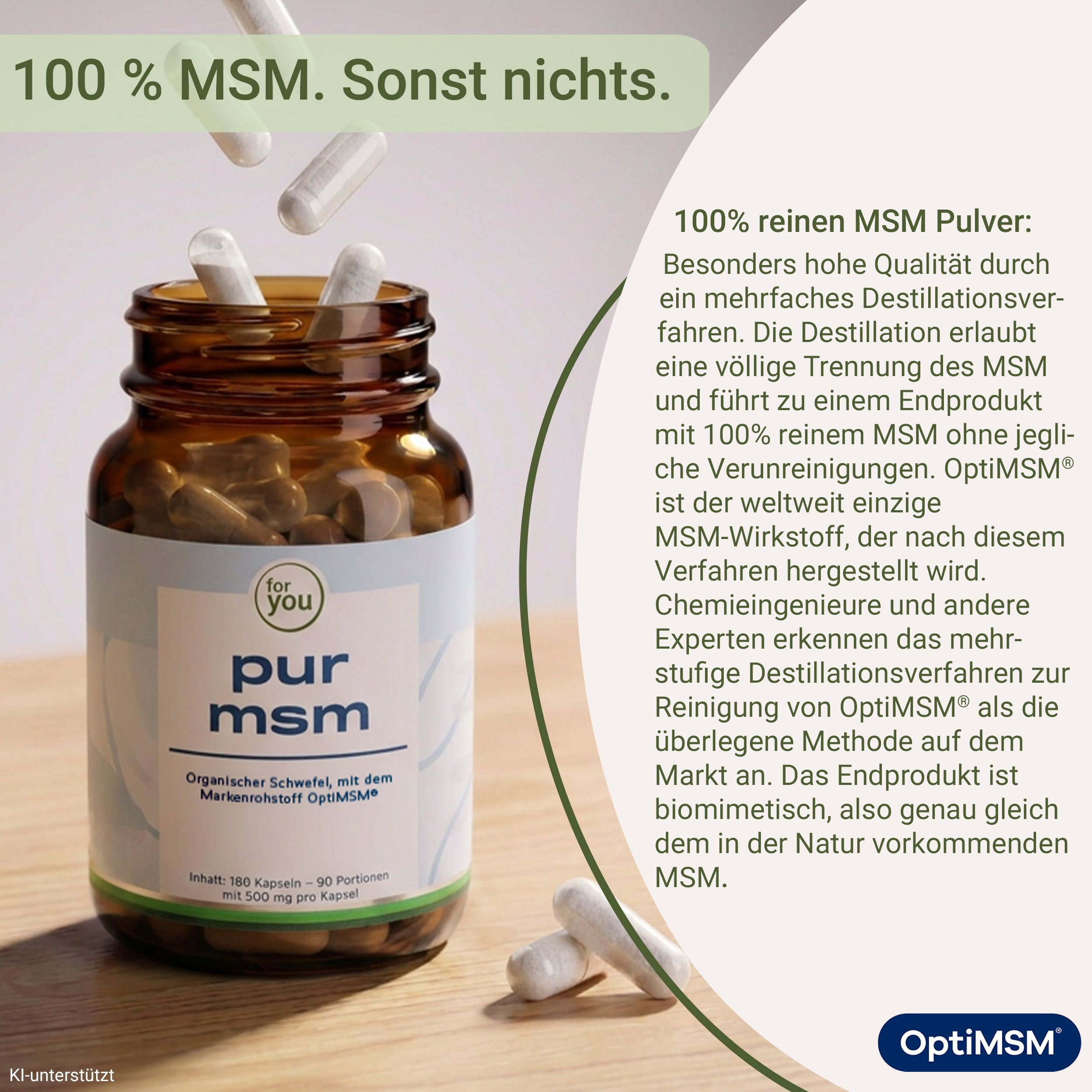 Flasche mit Pur MSM Kapseln, 100% MSM Pulver.