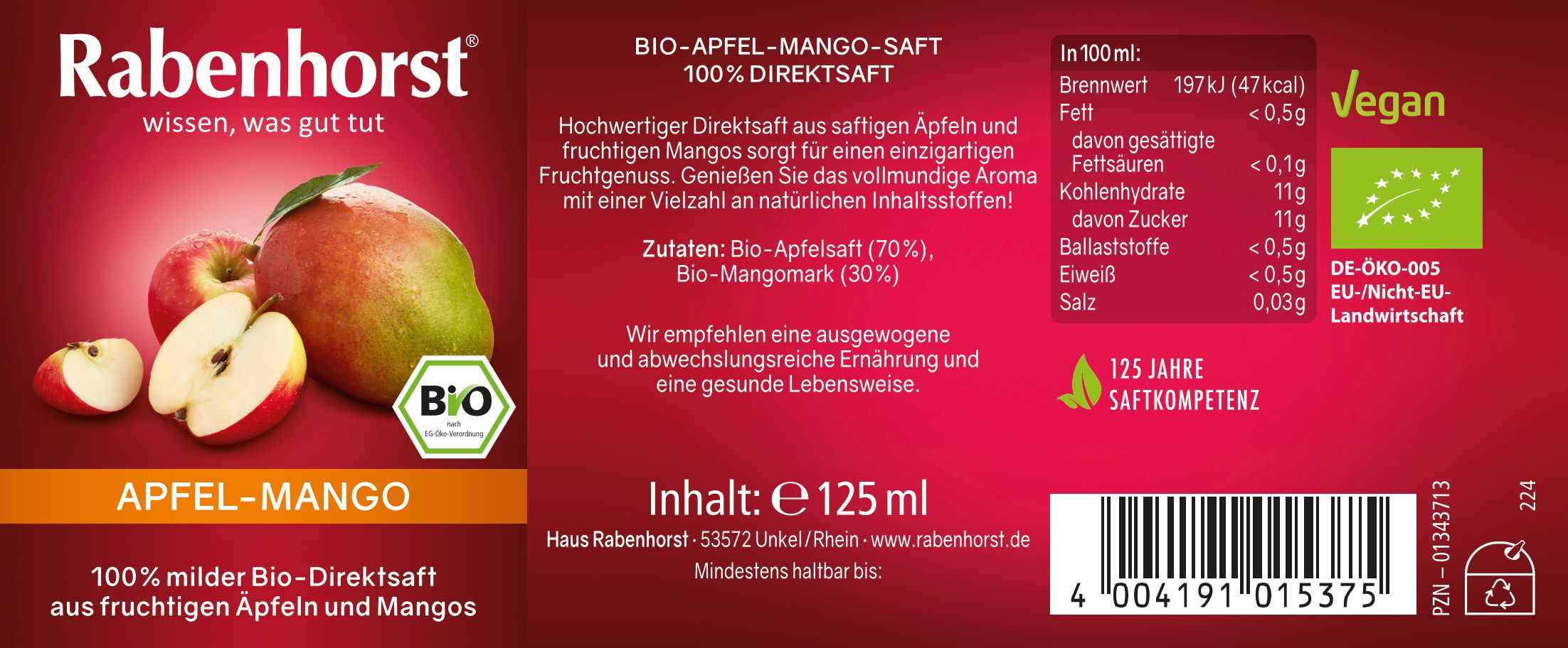 Etikett einer Rabenhorst Apfel-Mango BIO Mini Flasche. Logo, Text, Zutaten, Nährwertangaben, Bio-Siegel, und Barcode.
