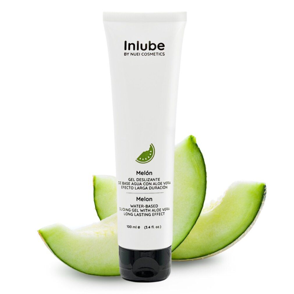 Weißes Tube mit schwarzem Deckel, Melonenscheiben. Aufschrift: Inlube, Melon, Gleitgel mit Aloe Vera.