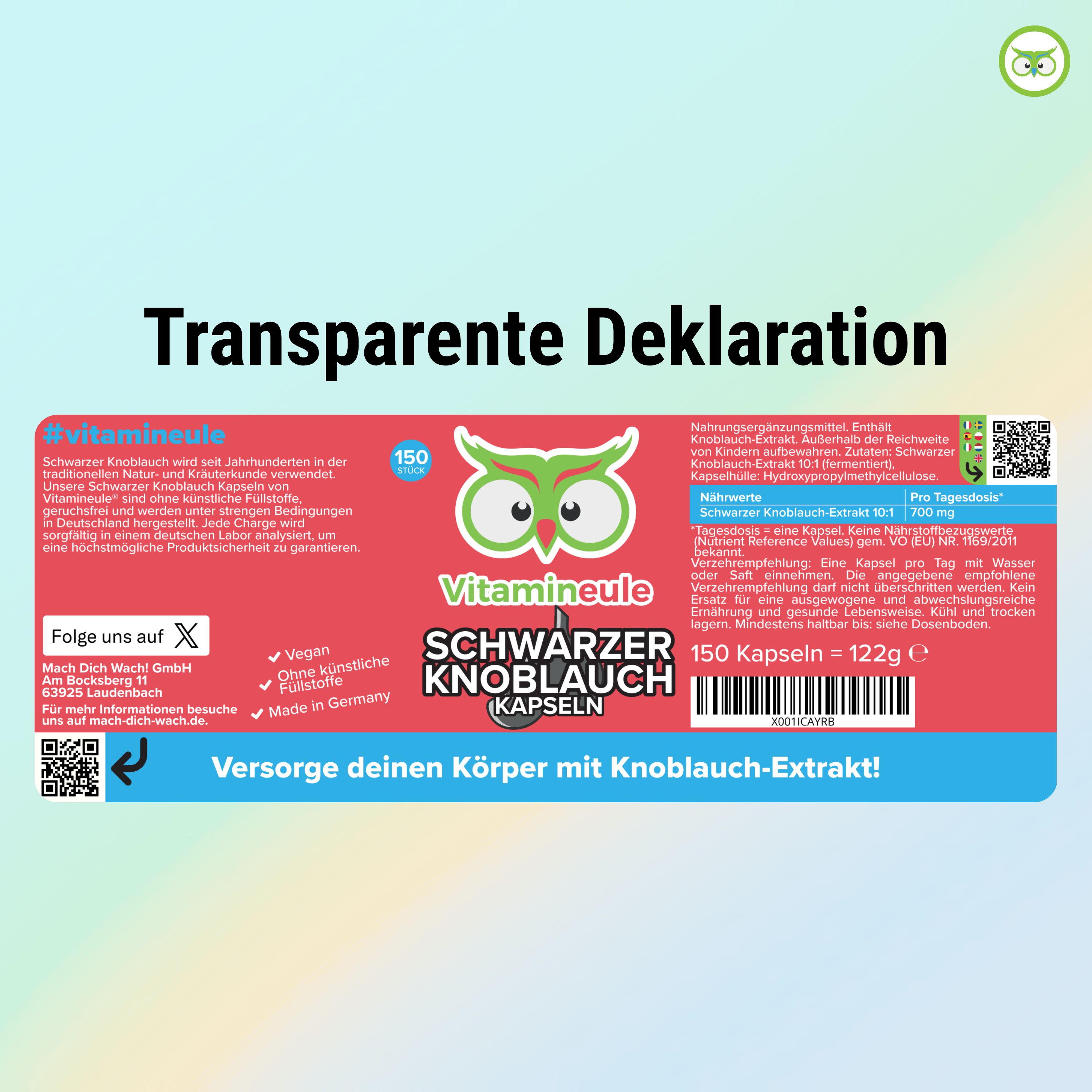 Rotes Etikett mit Text: Schwarzer Knoblauch Kapseln, Vitamineule. 150 Kapseln, 122g. Transparente Deklaration. QR-Code.