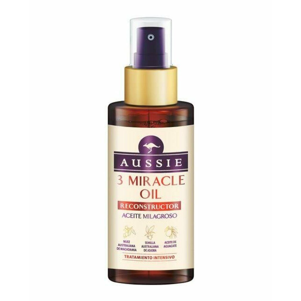 Braune Flasche mit Sprühkopf. Aufschrift: Aussie 3 Miracle Oil Reconstructor. Enthält Macadamia-, Jojoba- und Avocadoöl.