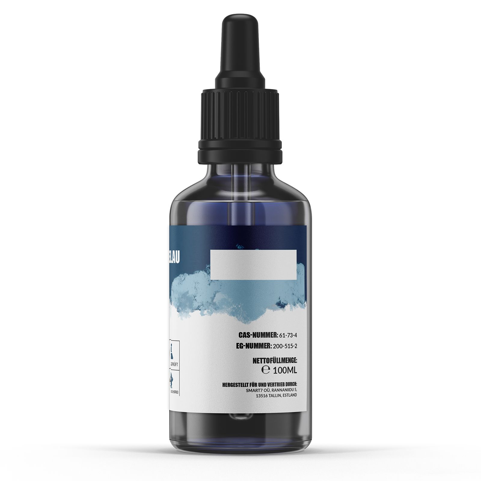 Glasflasche mit Tropfer, blaue Flüssigkeit. Aufschrift: Methylenblau, 100ml.