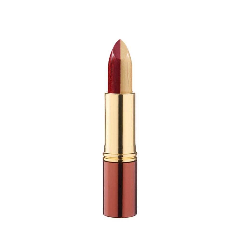 Lippenstift mit zweifarbiger Spitze: rot und gelb. Goldfarbene Hülse mit braunem Boden. Geöffnet, sichtbar.
