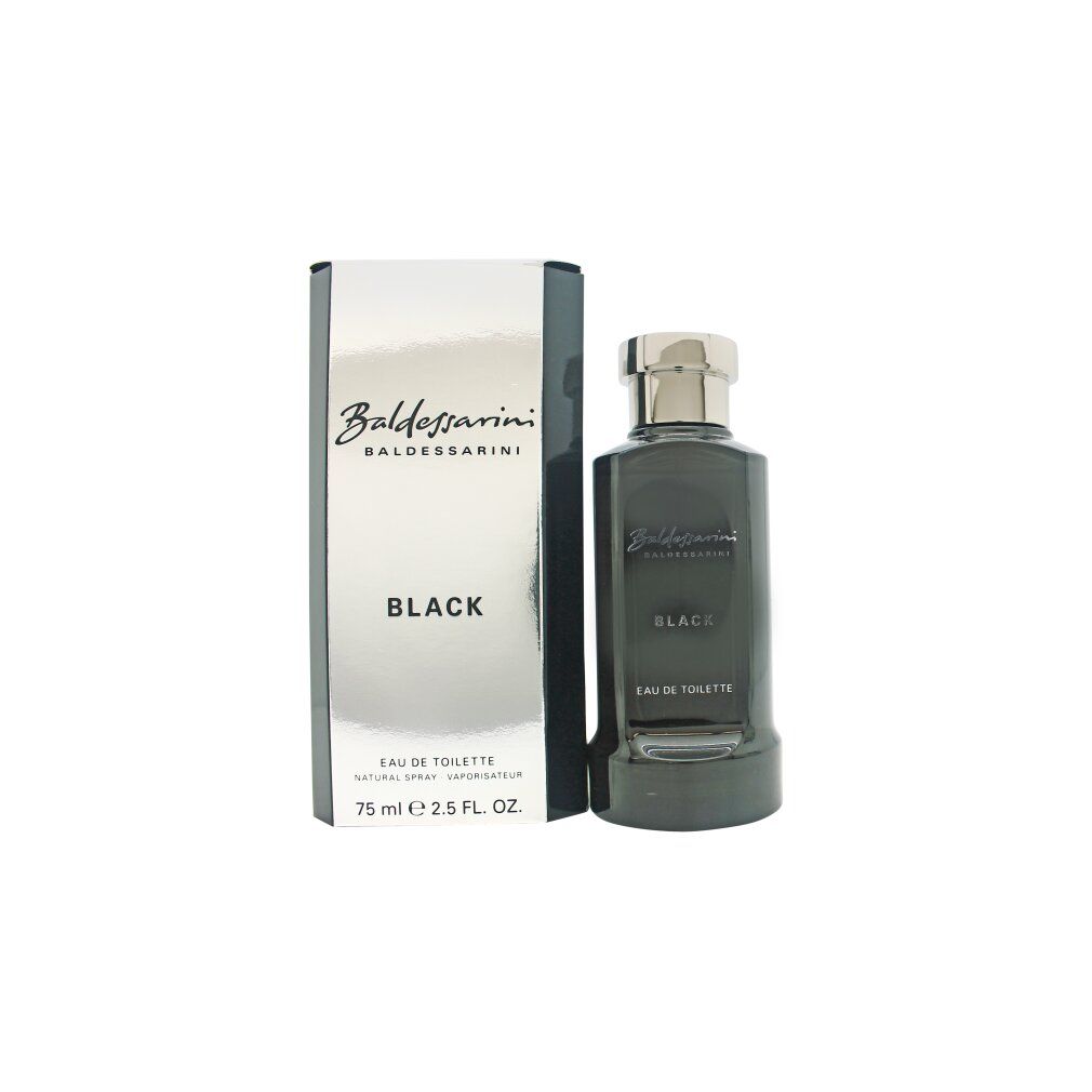 Schwarze Flasche und Verpackung. Aufschrift "Baldessarini Black". "Eau de Toilette" und Volumenangabe.