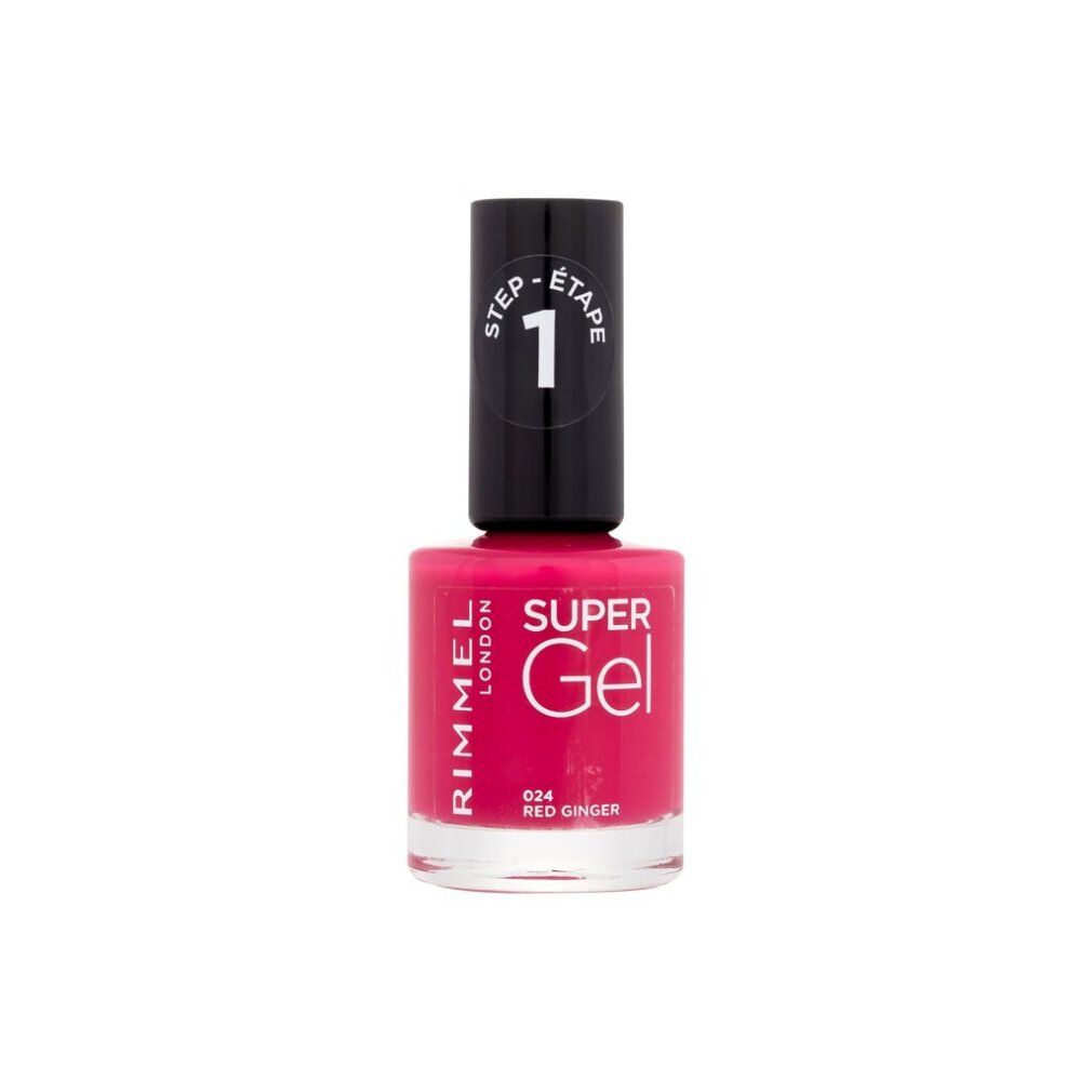 Rimmel Super Gel Nagellack, rot. Schwarzer Deckel mit weißer Aufschrift. Aufschrift: Super Gel, 024 Red Ginger.