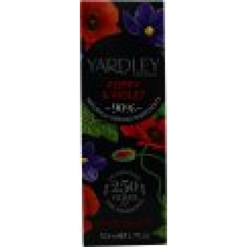 Schwarze Verpackung mit floralem Design. Text: Yardley Poppy & Violet, 90% natürlich. 250 Jahre. 50ml.