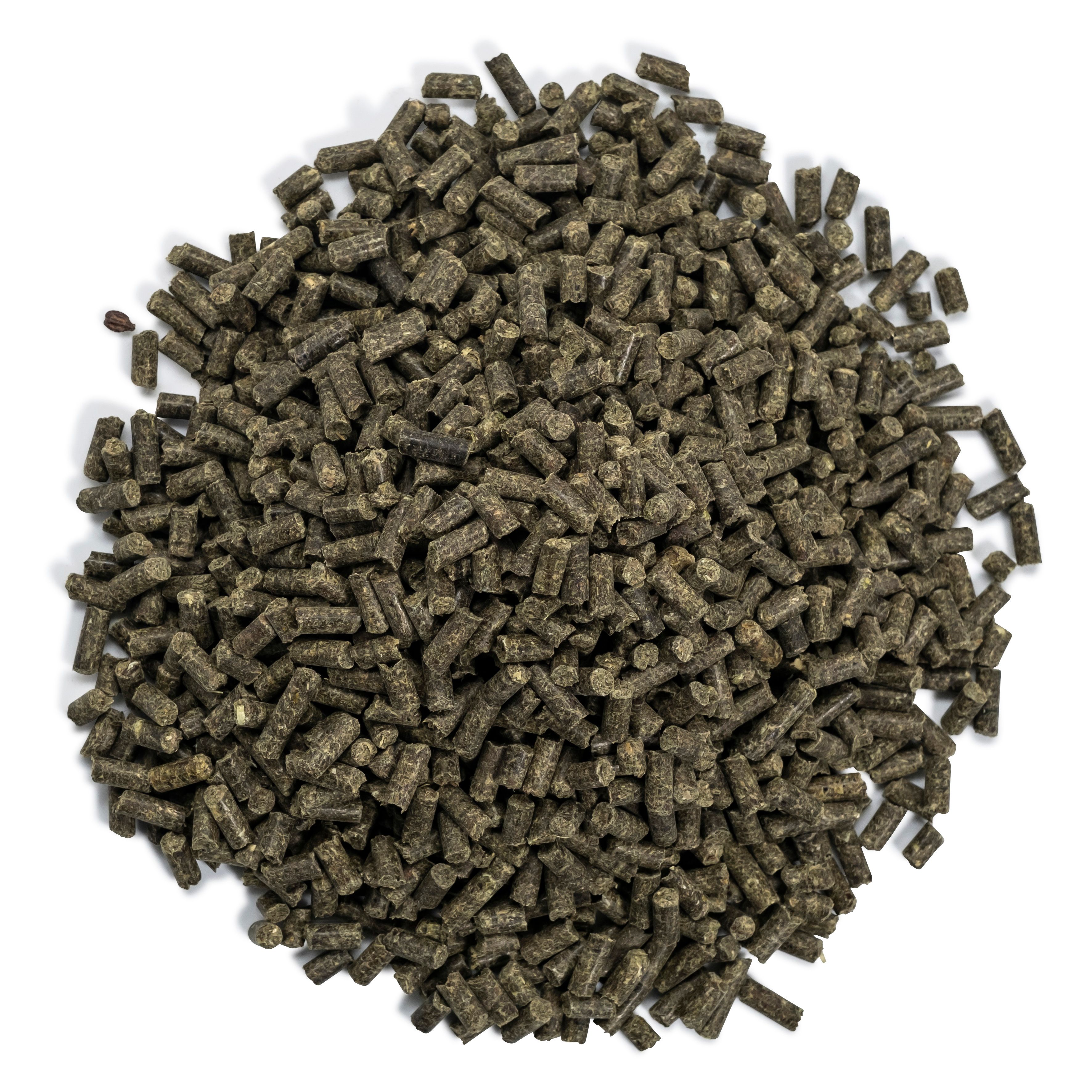 Haufen grüner Pellets. Nahaufnahme auf weißem Hintergrund. Pellets sind zylindrisch geformt.