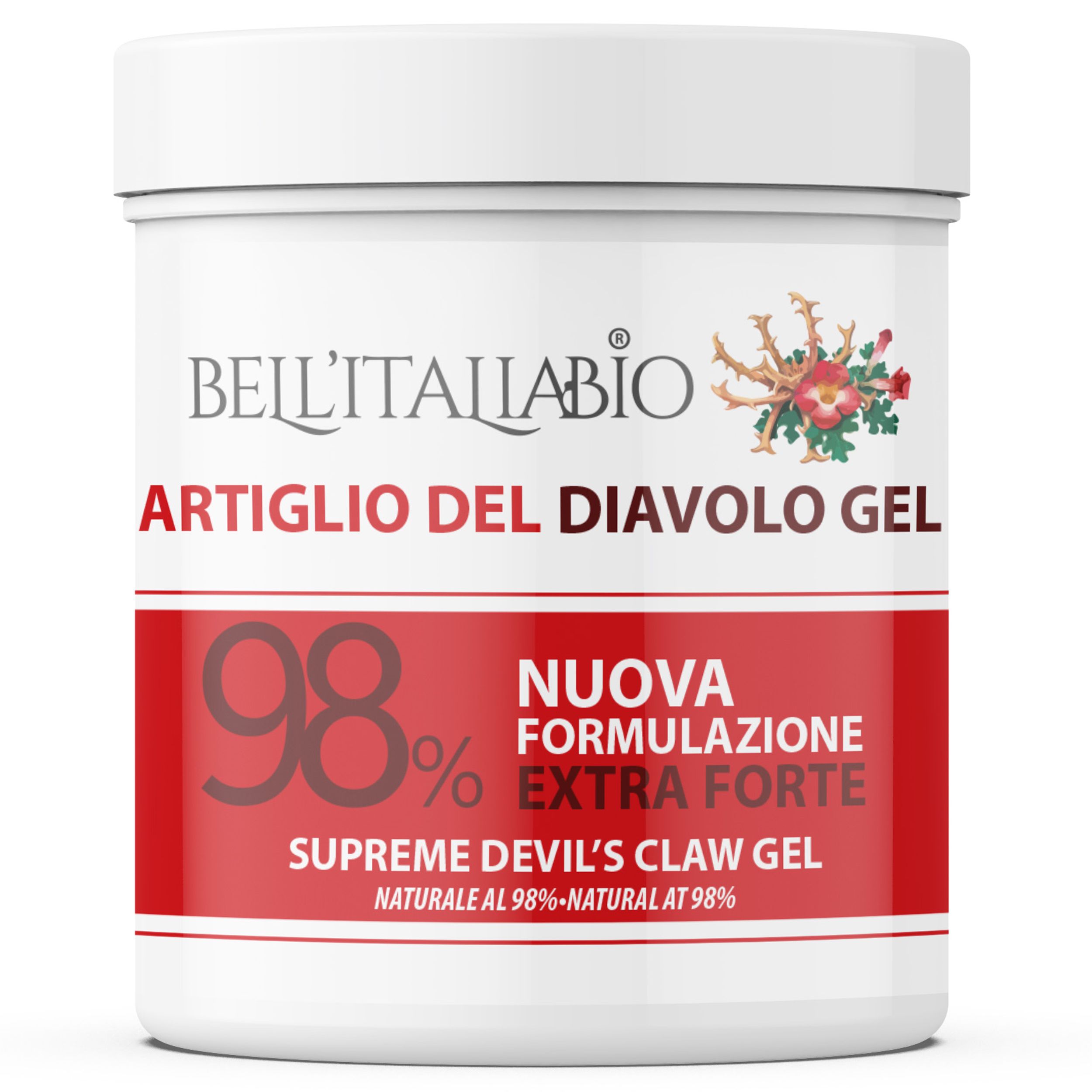 Weißes Tiegel mit rotem Etikett. Text: BellItaliabio, Artiglio del Diavolo Gel, 98%, Extra Forte. Supreme Devil's Claw Gel. Natürliche Inhaltsstoffe.