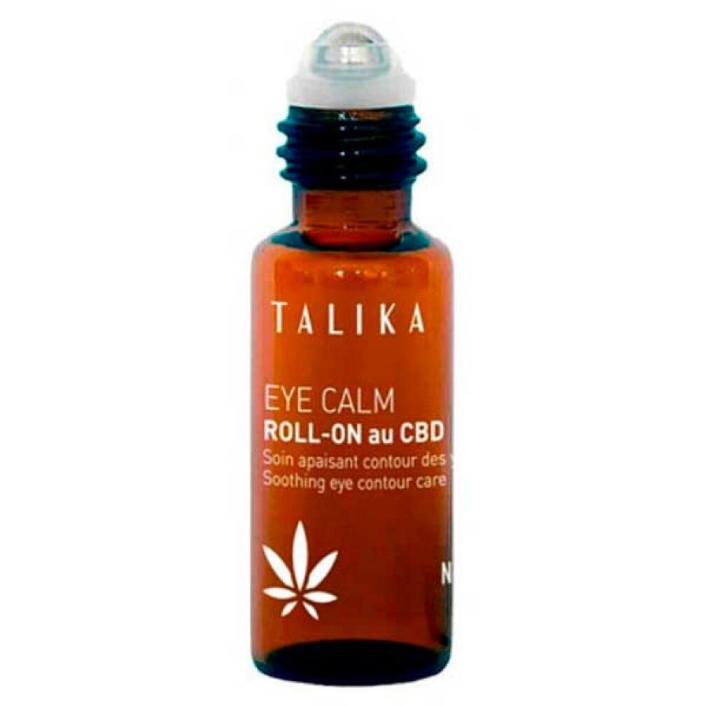 Braune Glasflasche mit Roll-on-Applikator. Aufschrift: TALIKA EYE CALM ROLL-ON au CBD. Weißes Hanfblatt-Symbol.